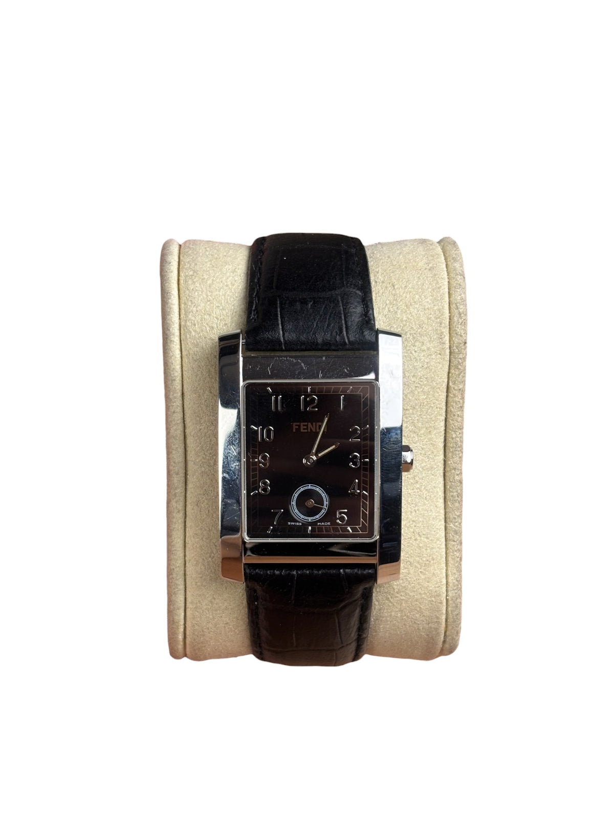 Fendi 7000G Black Leather Rectangular Stainless Steel Dial Watch