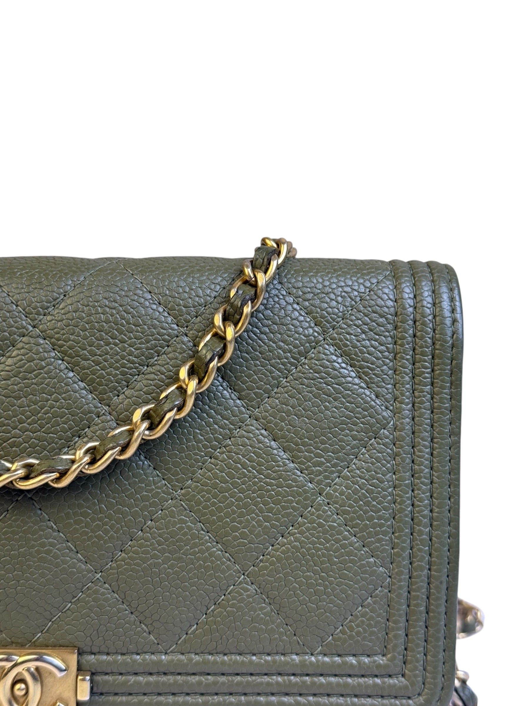 Chanel Olive Green Quilted Caviar Boy Flap Wallet On Chain 2017