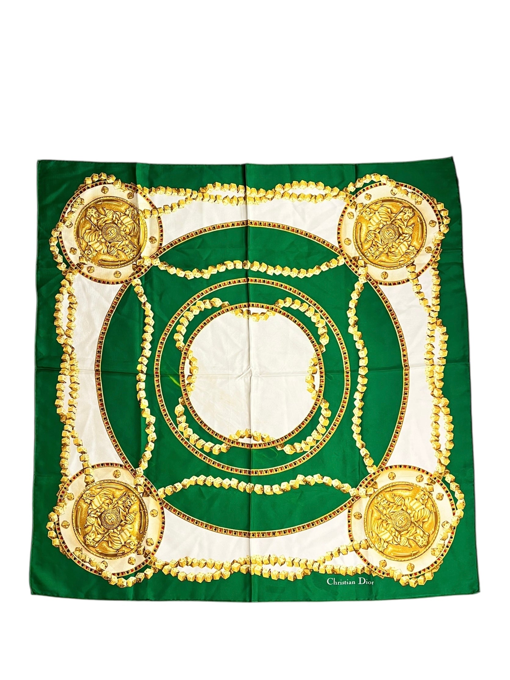 Christian Dior Green/Gold Poker Silk Scarf