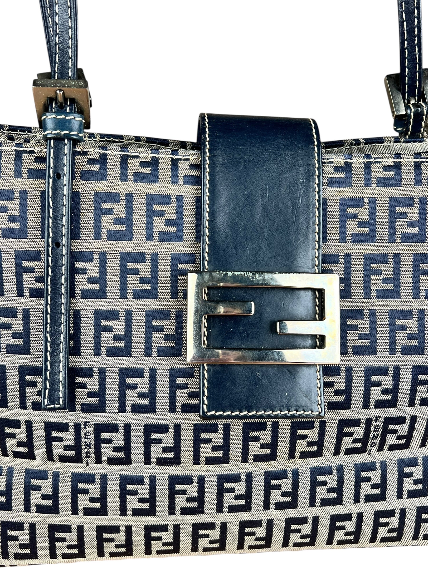 Fendi FF Buckle Navy Zucca Tote Handbag