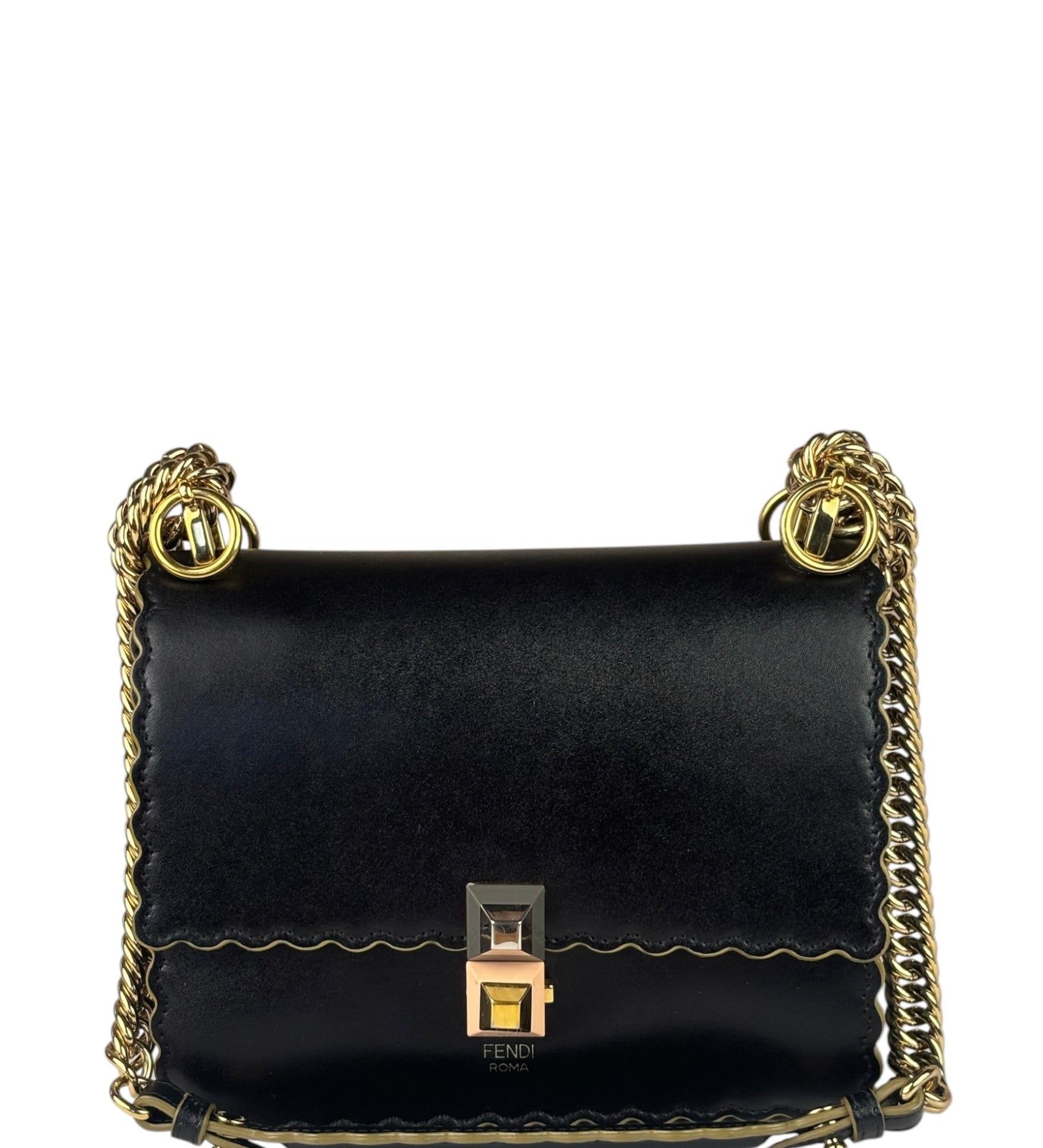 Fendi Black Leather Kan I Scallop Edge Flap Bag