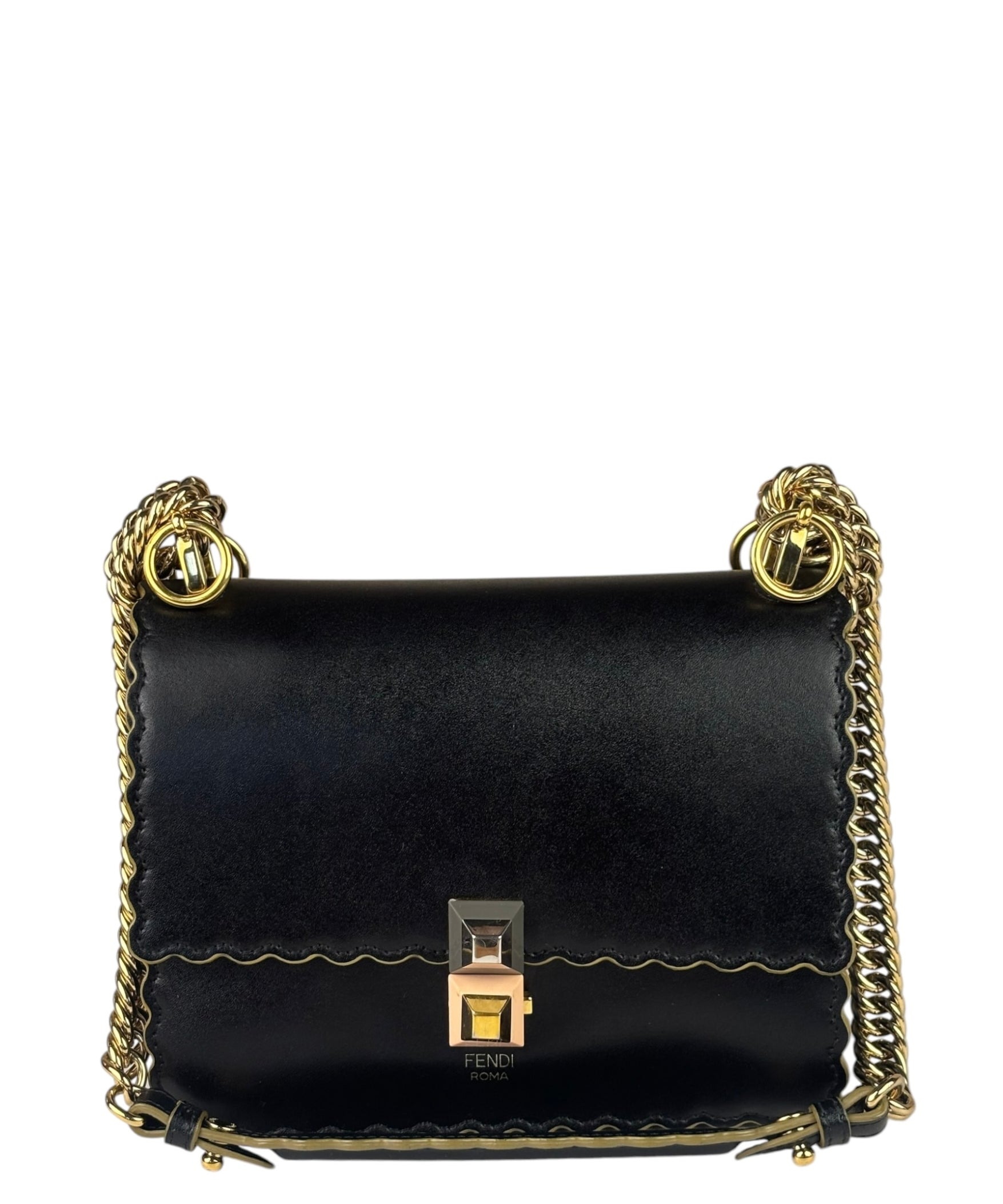 Fendi Black Leather Kan I Scallop Edge Flap Bag