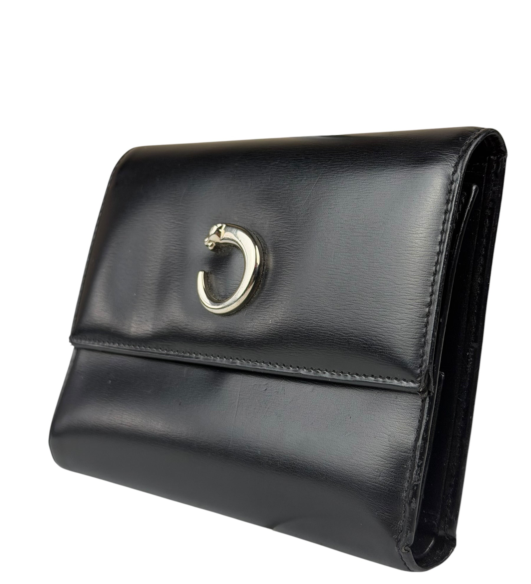 Cartier Black Leather Panther C Tri-Fold Wallet