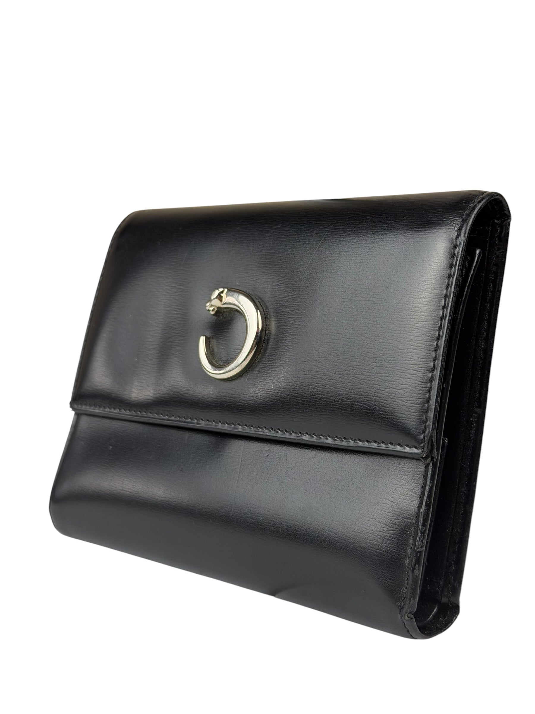 Cartier Black Leather Panther C Tri-Fold Wallet