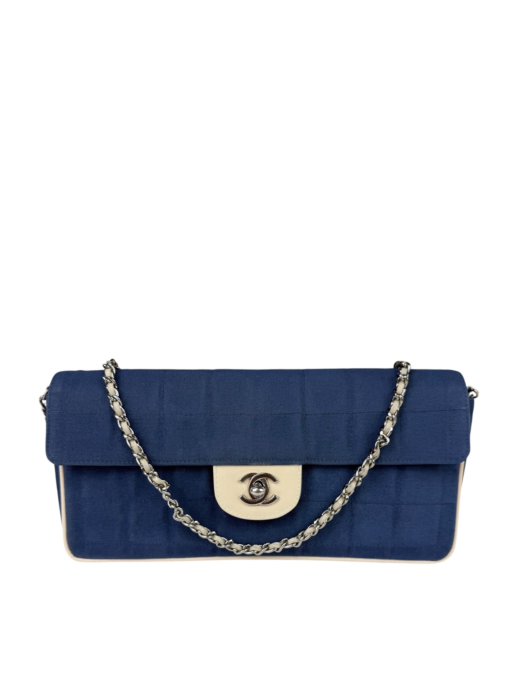 Chanel Blue/Cream Patent Leather Trim East-West Chocolate Bar Shoulder Bag 2002