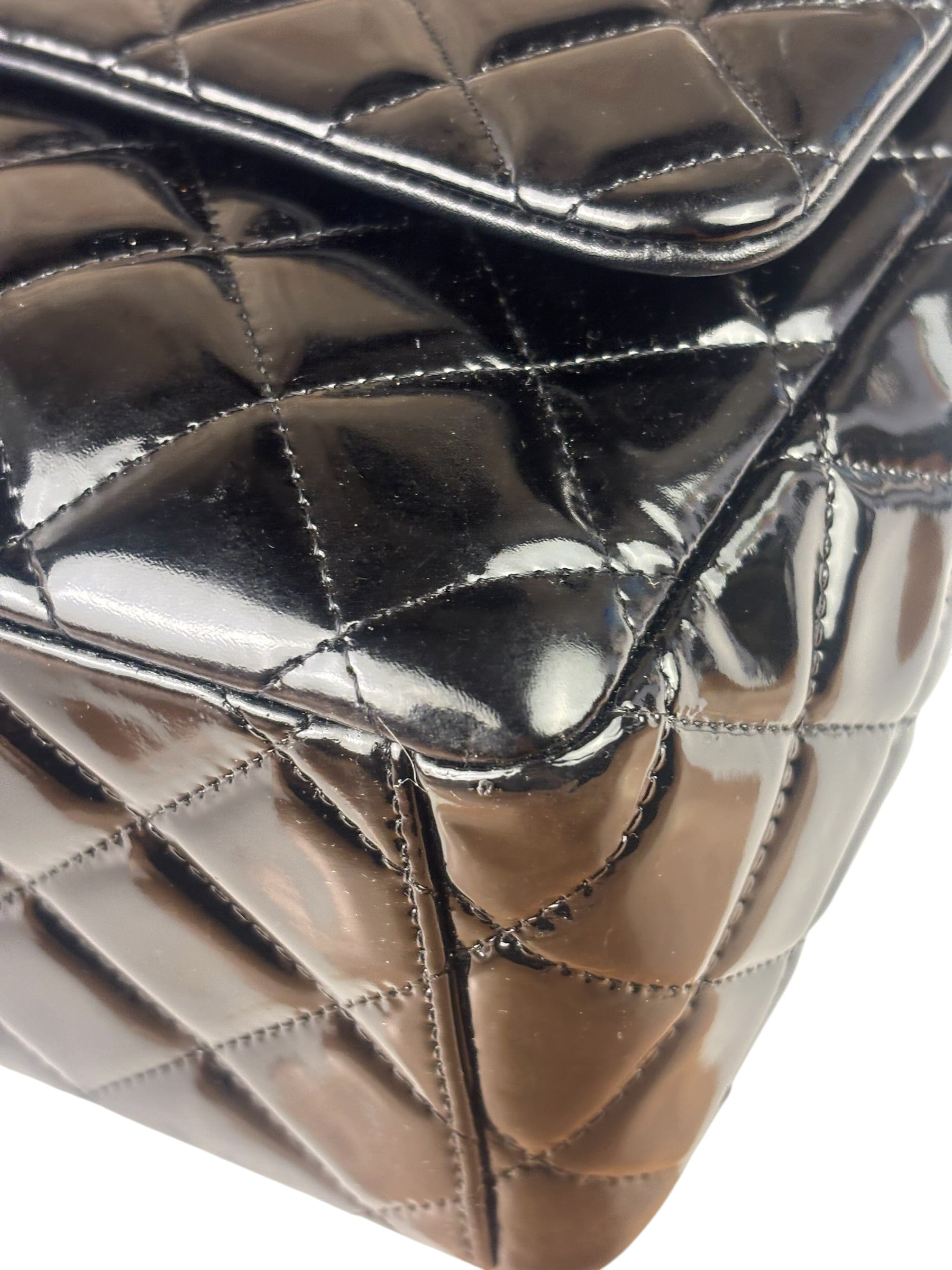 Chanel Black Patent Leather Quilted Leather Double Flap Jumbo Bag 2012