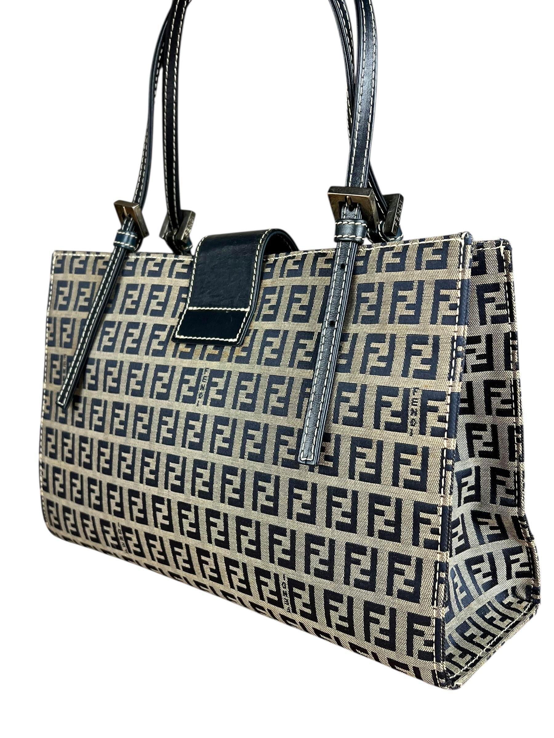 Fendi FF Buckle Navy Zucca Tote Handbag