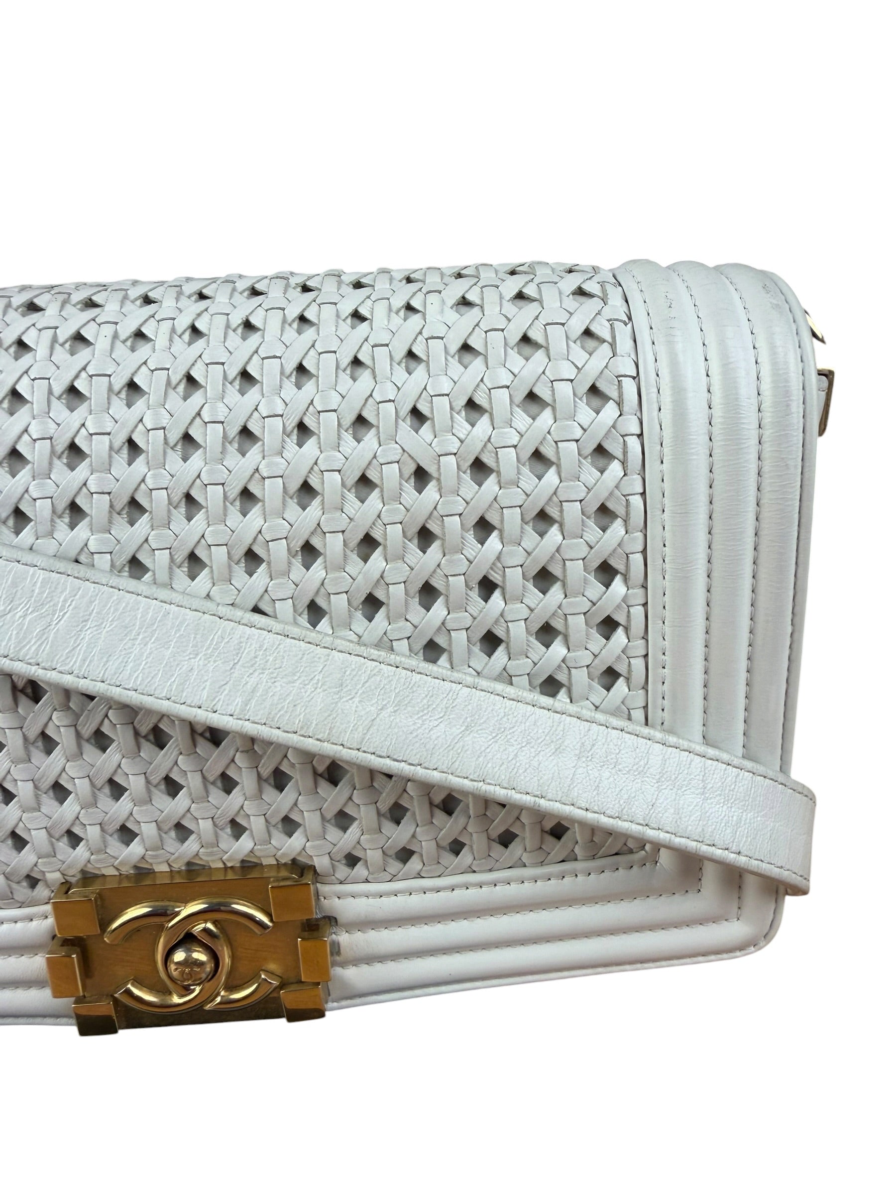 Chanel Vintage White Leather Braided Boy Shoulder Bag 1989