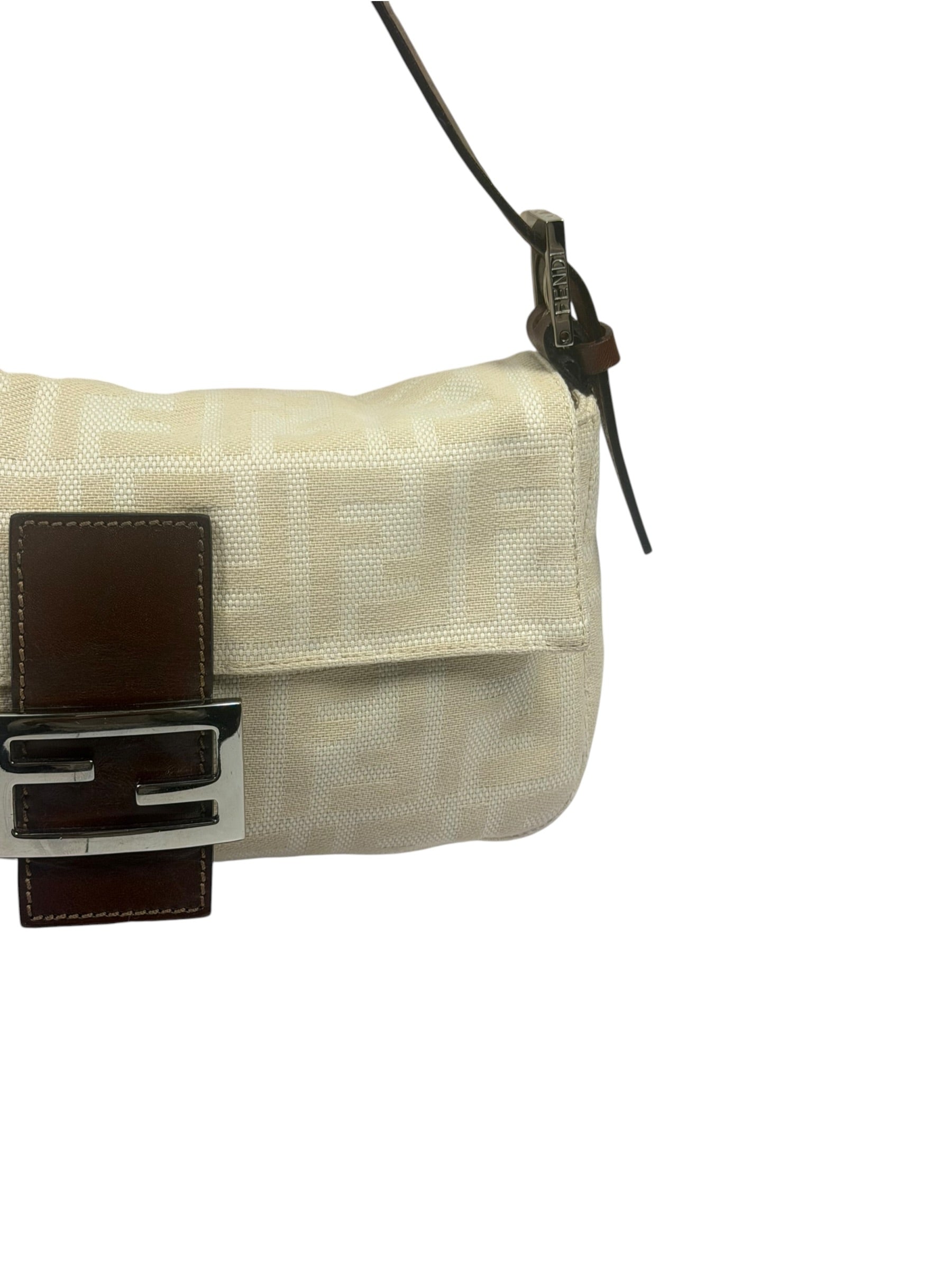 Fendi Cream/Brown Leather Trim Zucca Baguette