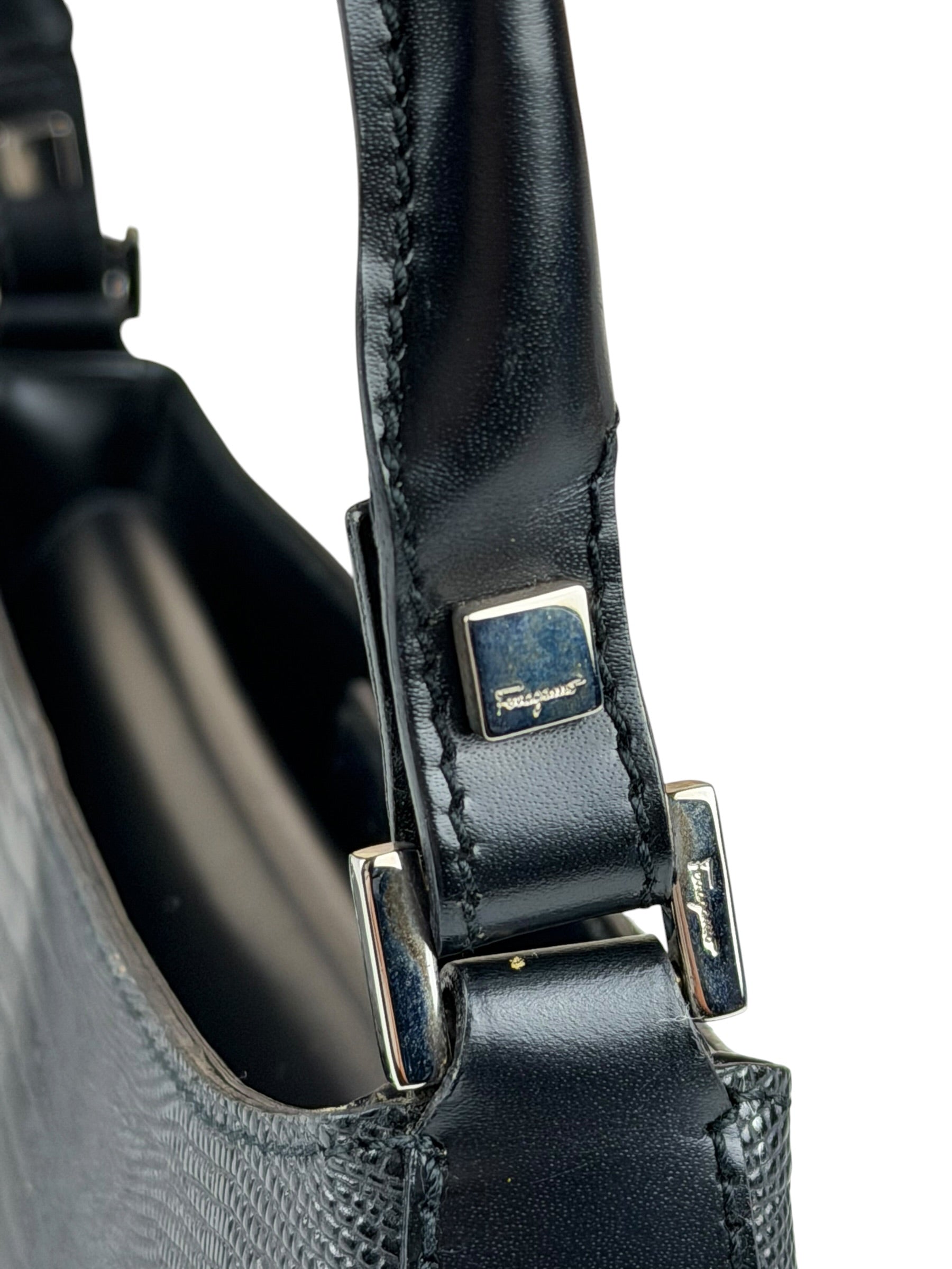 Salvatore Ferragamo Vintage Black Lizard Embossed Leather Pochette