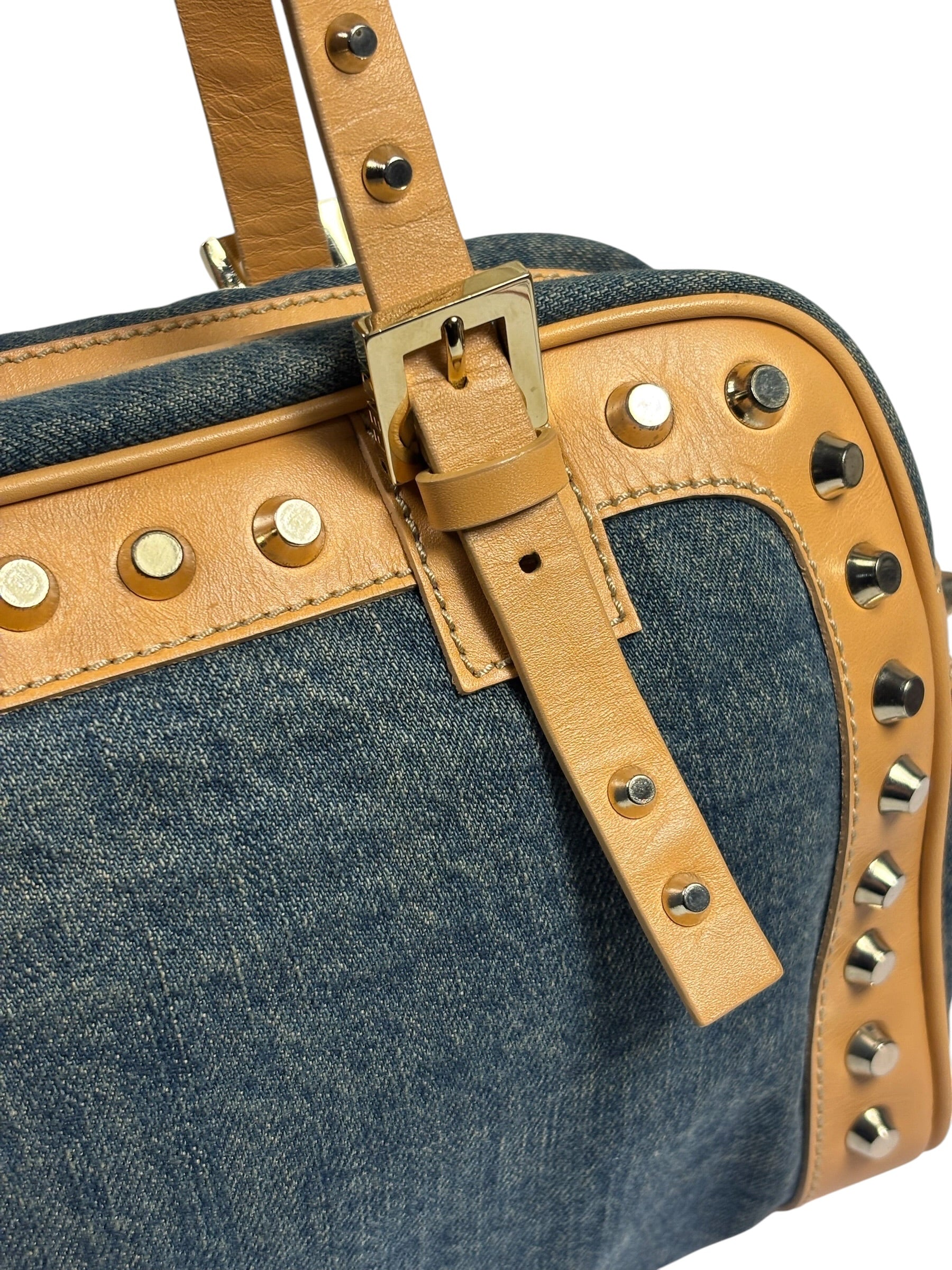 Fendi Blue/Brown Denim/Leather Trim Studded Shoulder Bag
