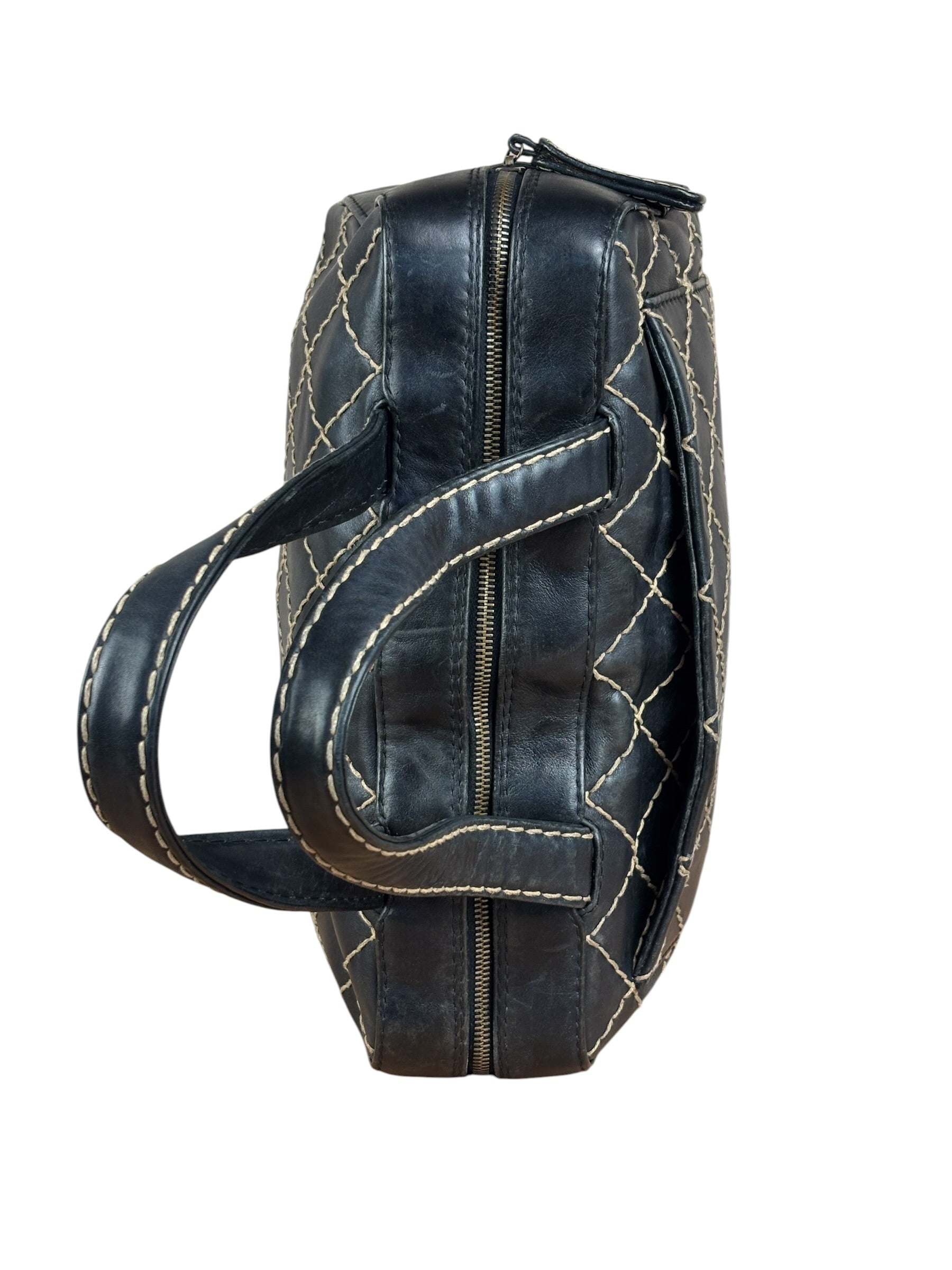 Chanel Vintage Black Leather Wild Stitch Bowler Shoulder Bag 2001