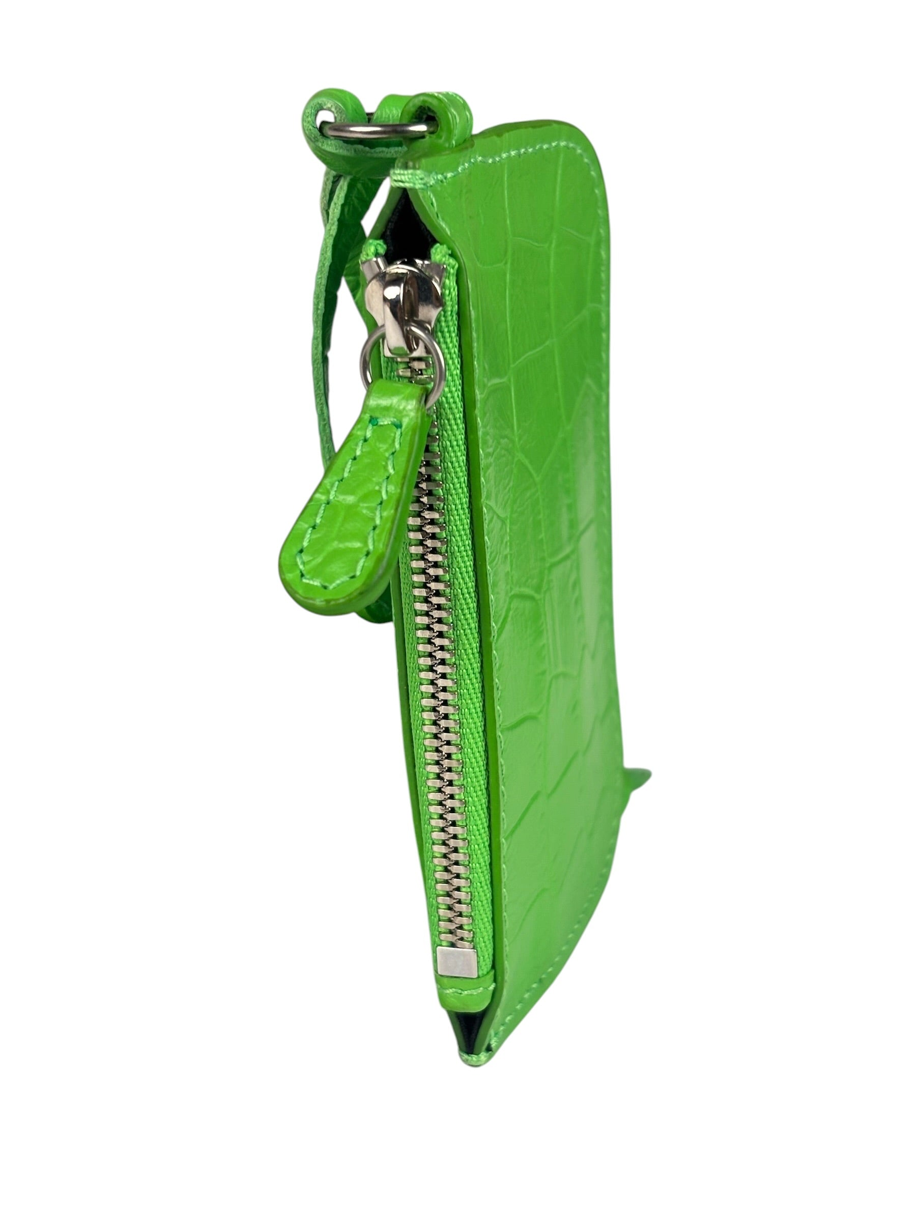Balenciaga Neon Green Crocodile-Embossed Coin/Card Holder