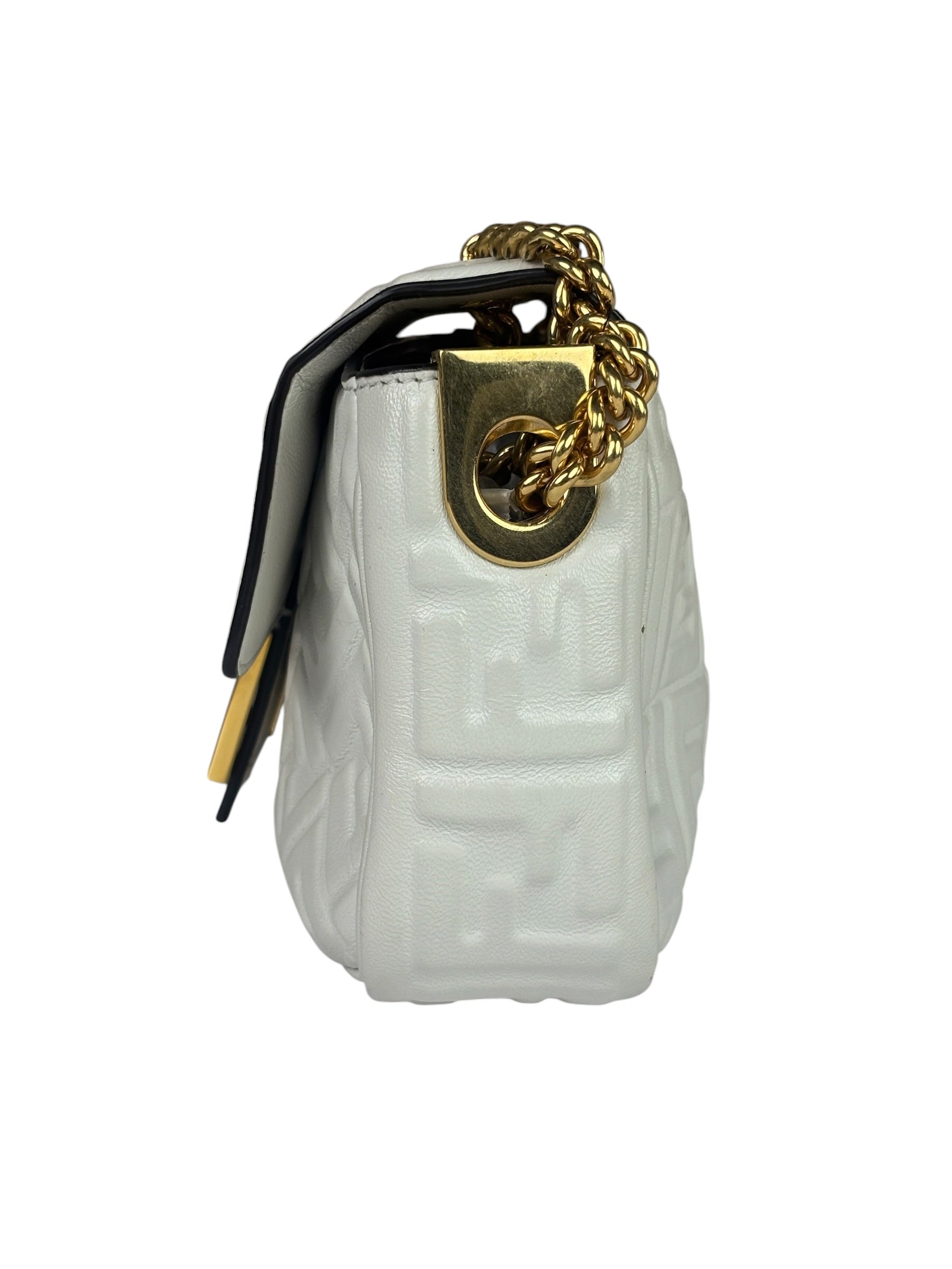 Fendi White Leather FF Flap Baguette