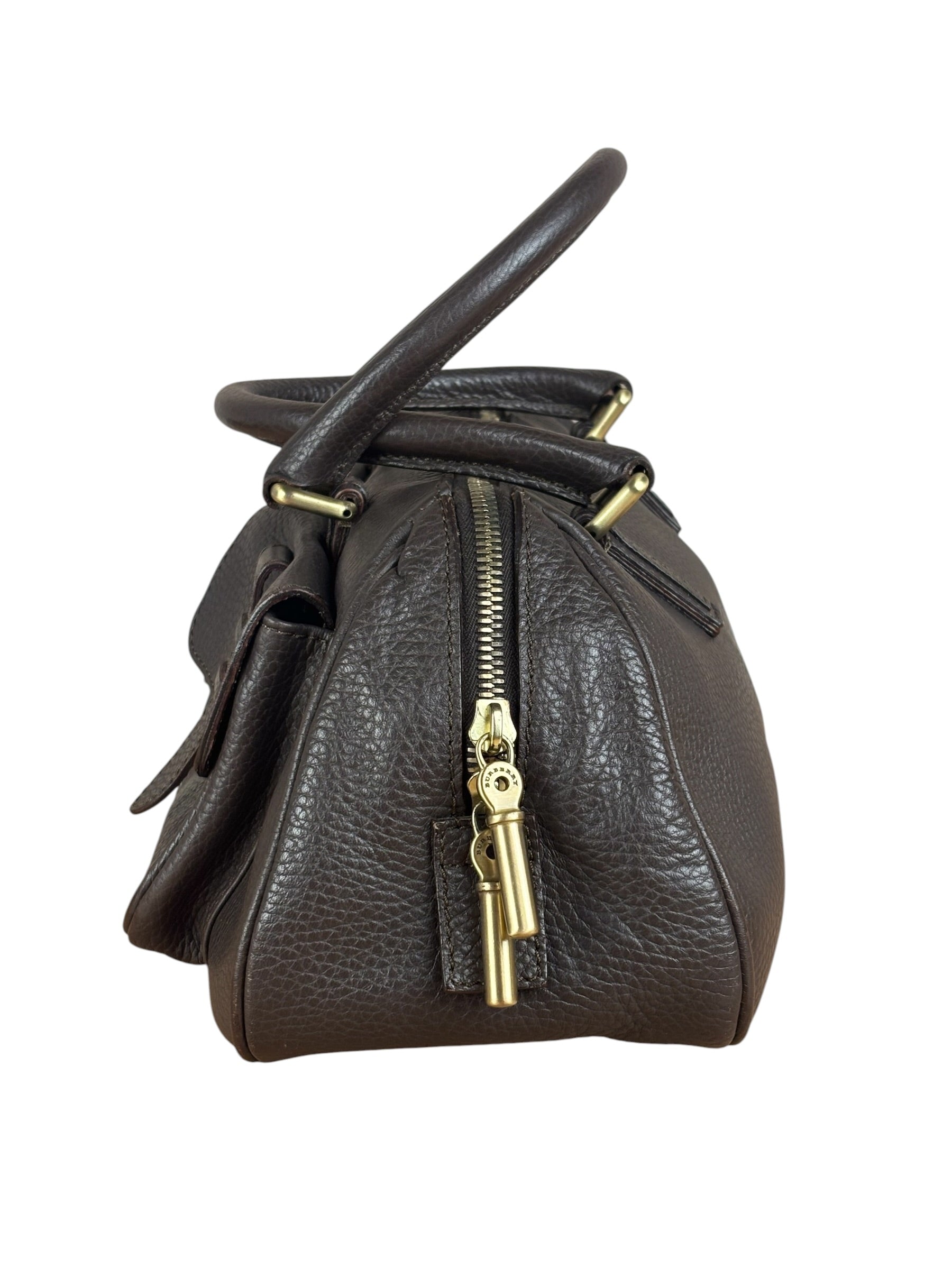 Burberry Vintage Brown Pebbled Leather Double Pocket Satchel Handbag