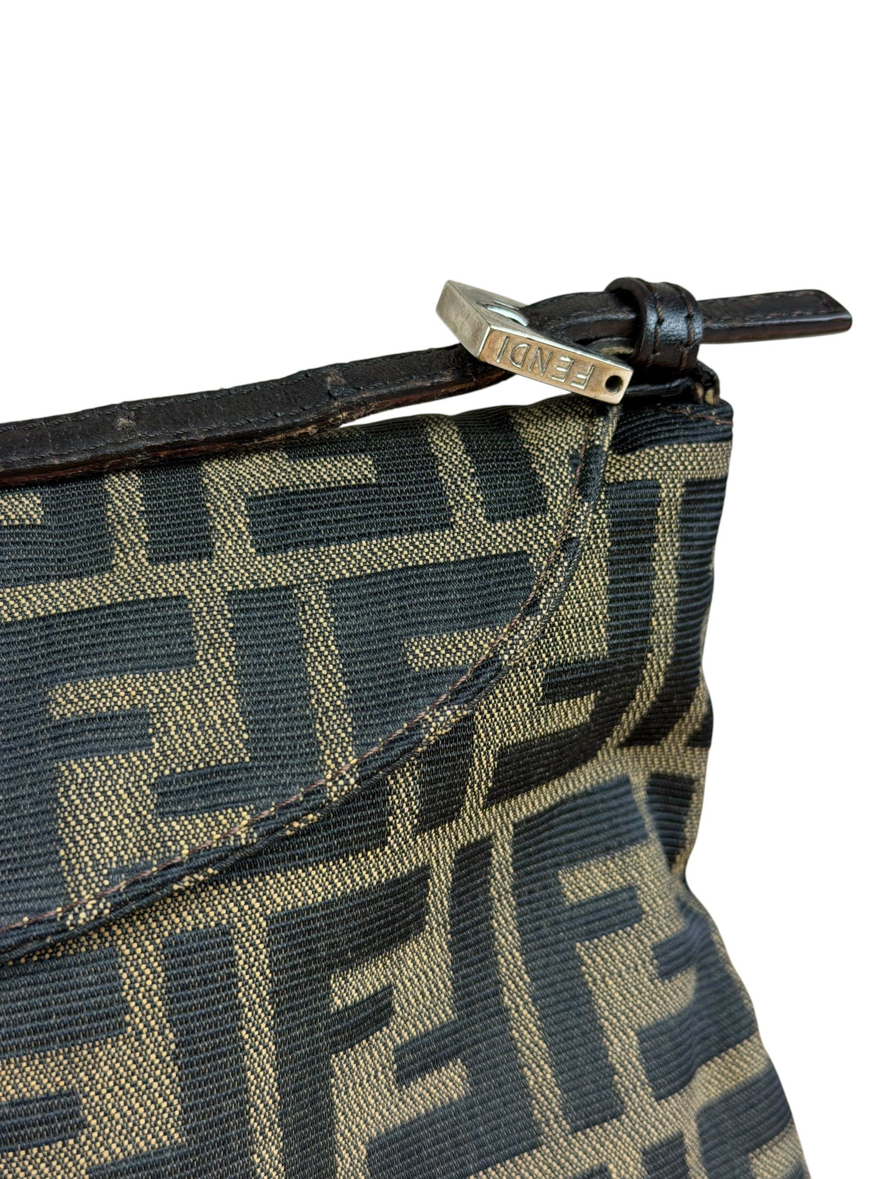 Fendi Brown Leather Trim Zucca FF Monogram Baguette