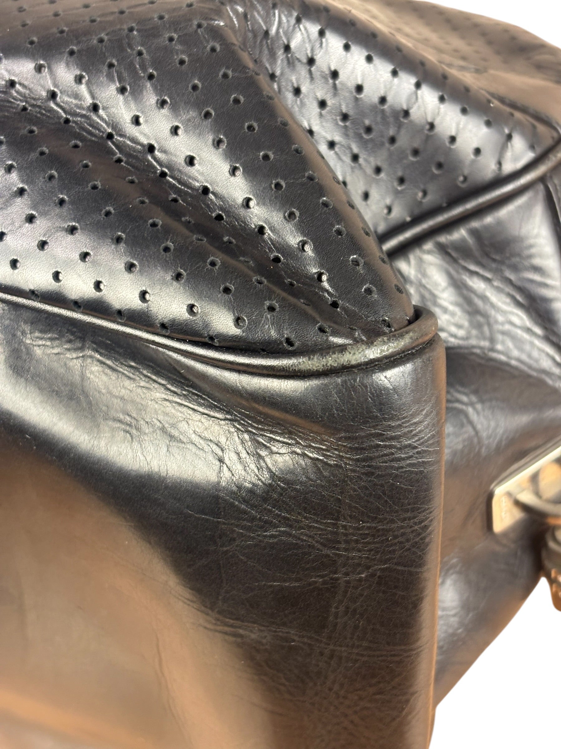 Prada Vintage Black Leather Vitello Drive Perforated Bowling Tote Bag