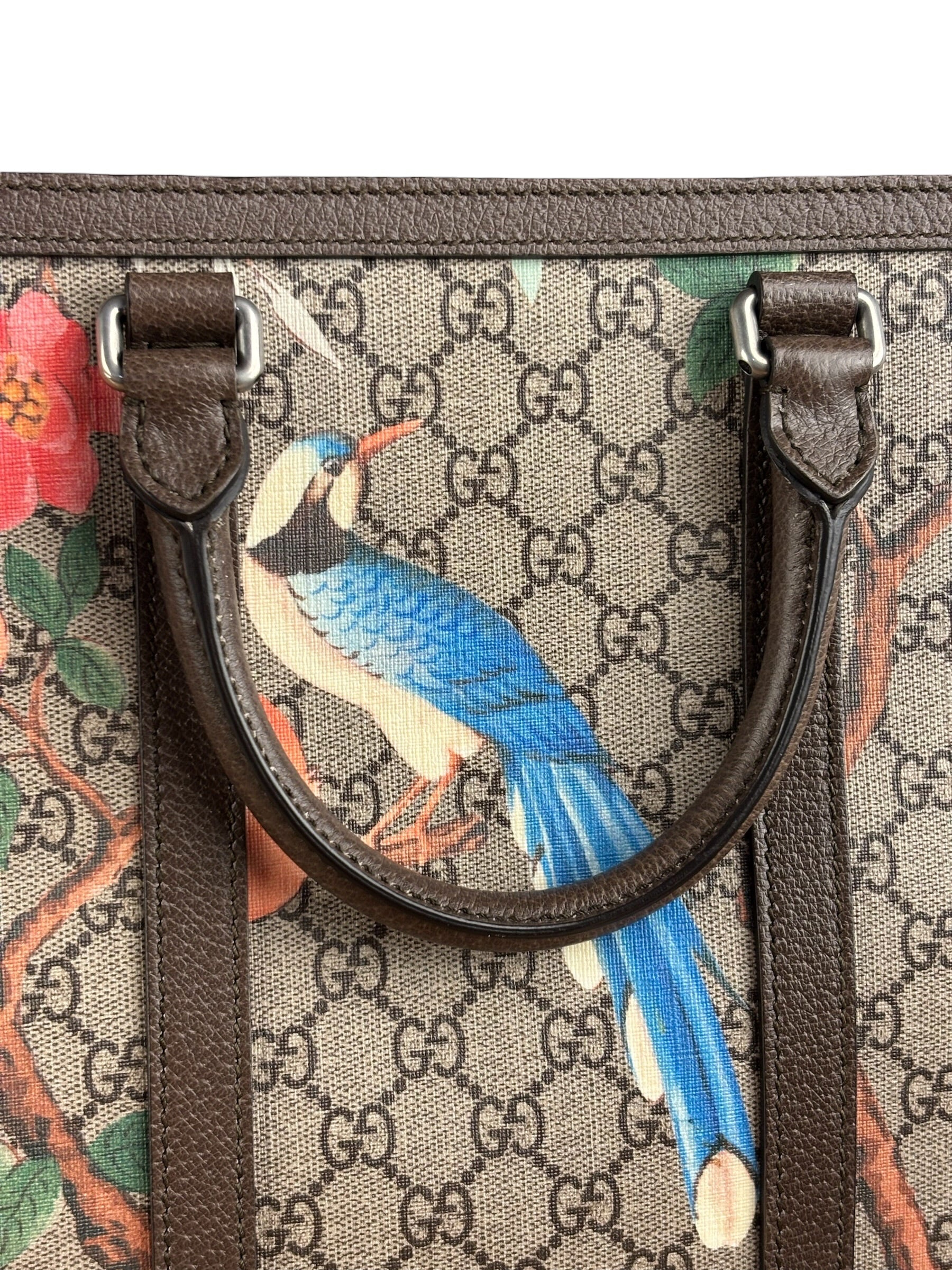 Gucci Brown Leather Trim GG Supreme Tian Vertical Tote Bag