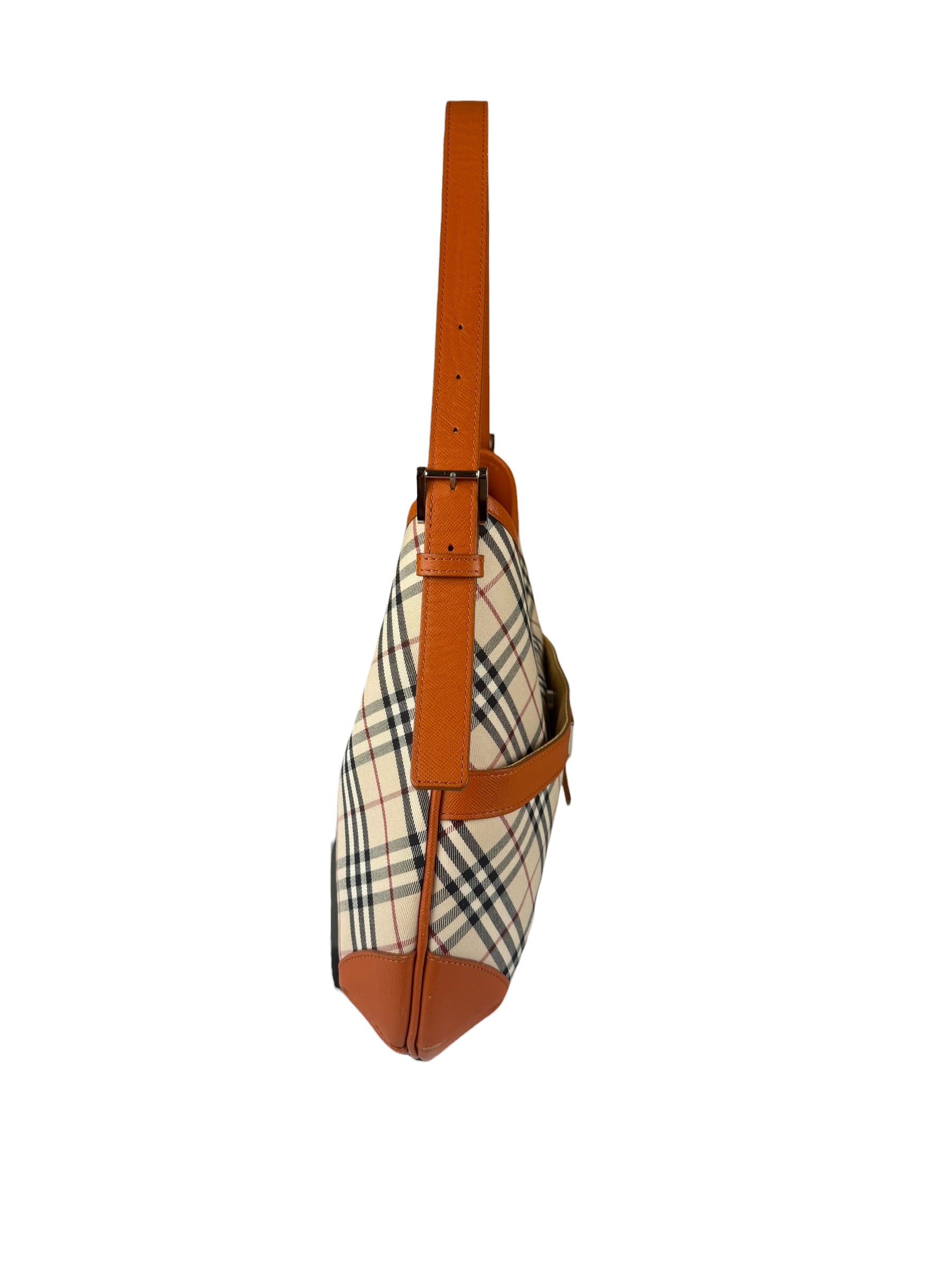 Burberry Orange Leather Trim Nova Check Hobo Bag