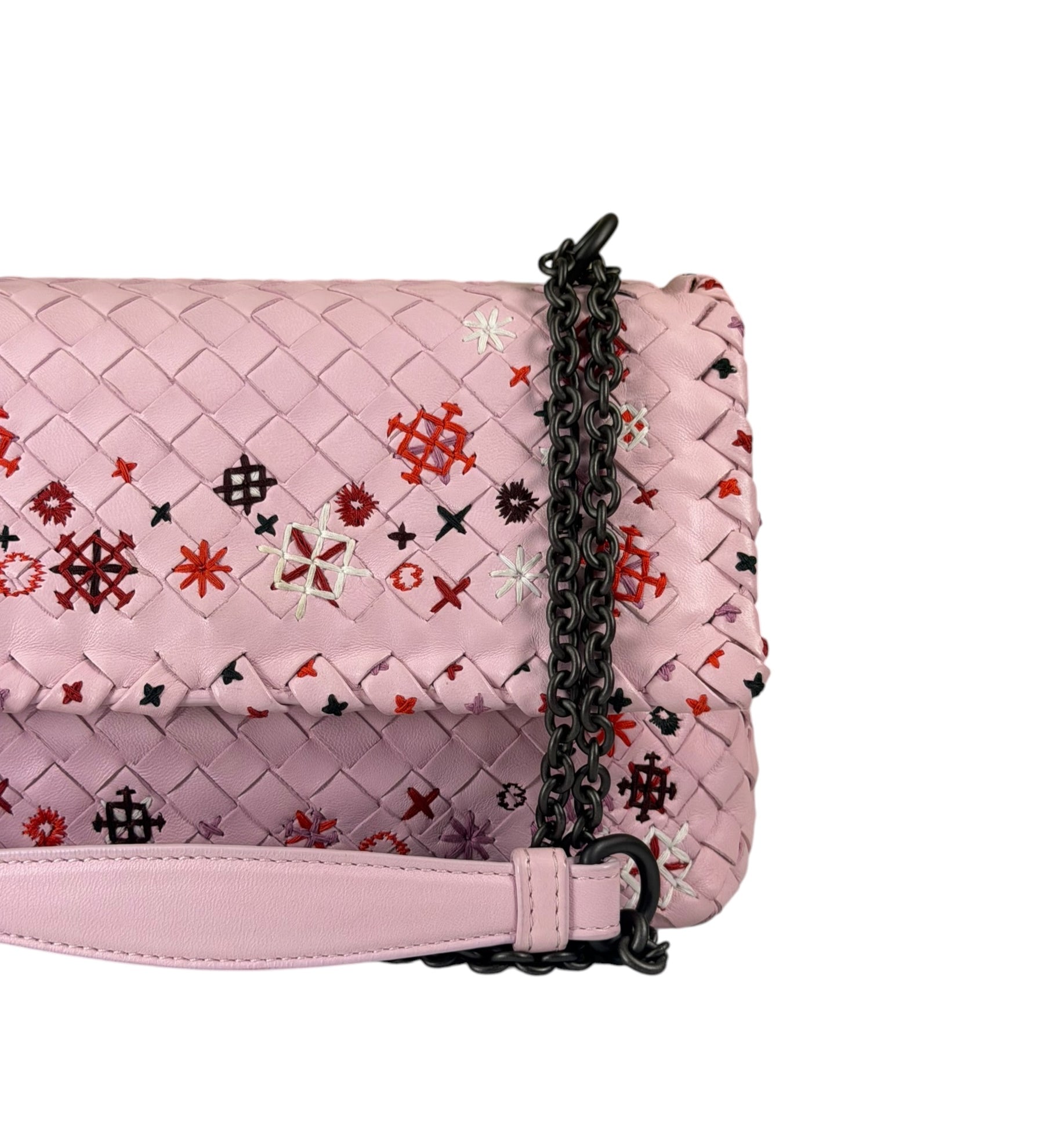 Bottega Veneta Baby Pink Leather Intrecciato Embroidered Flap Bag