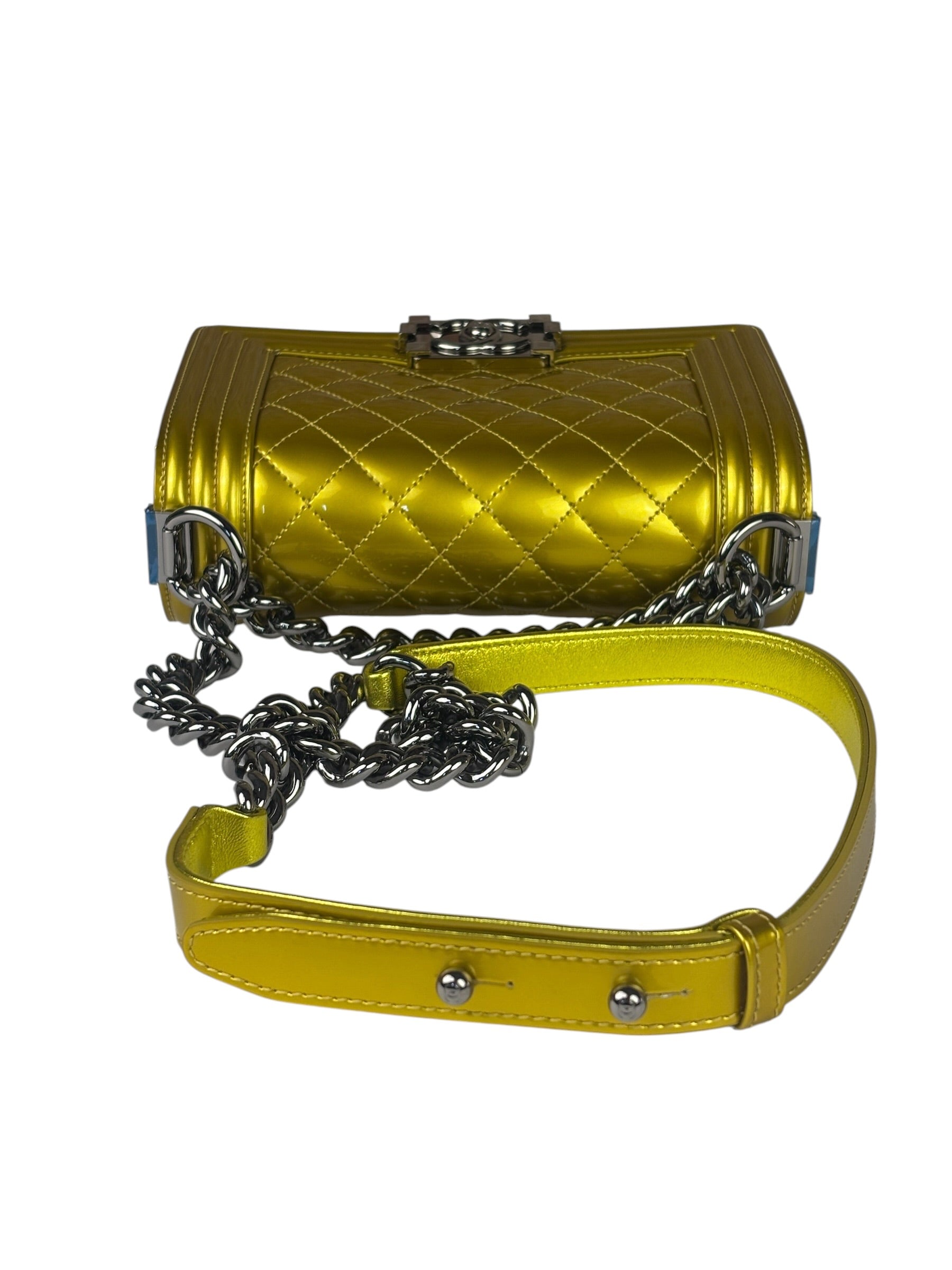 Chanel Metallic Yellow Quilted Patent Leather Mini Boy Flap Bag 2014