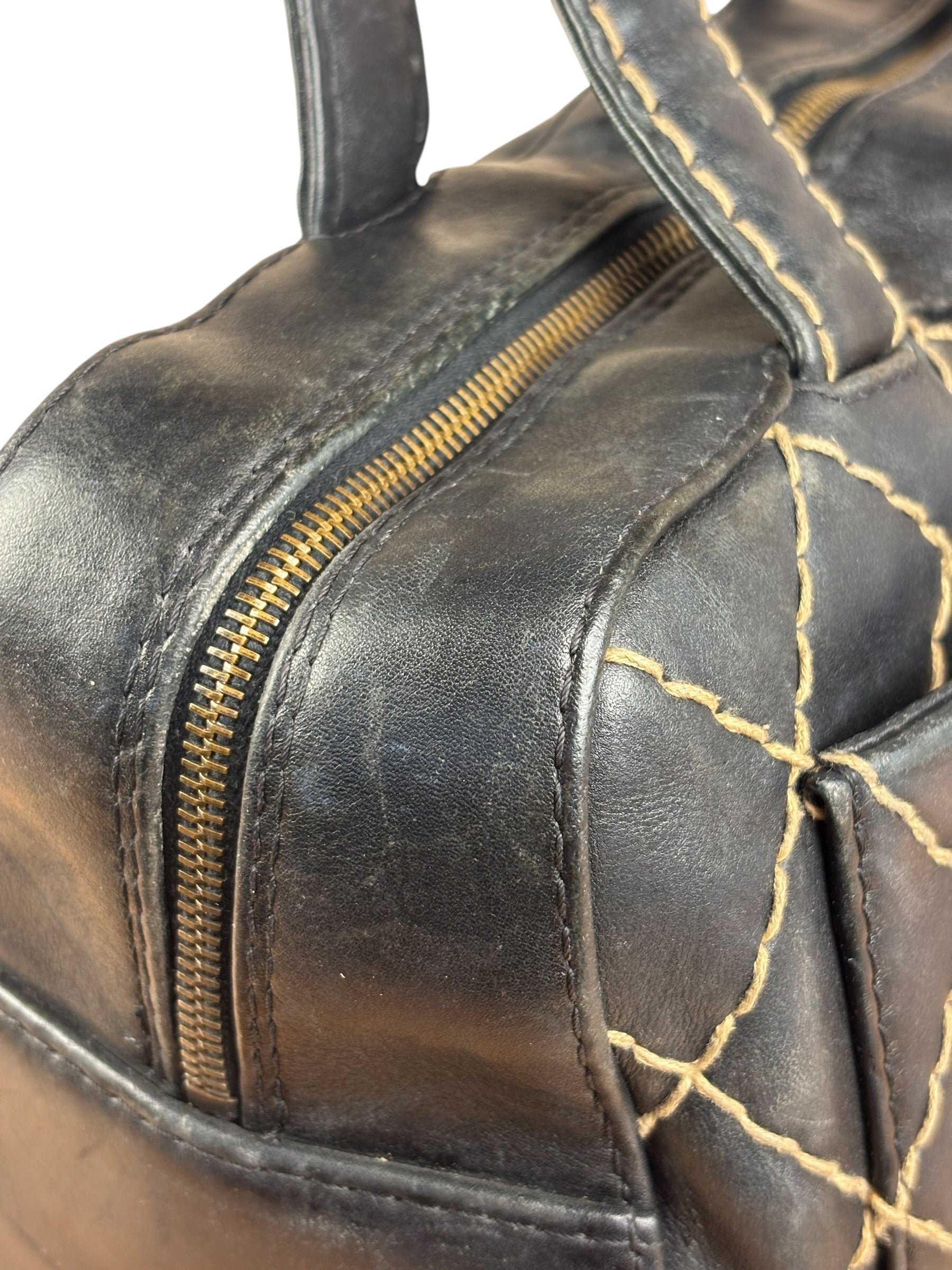 Chanel Vintage Black Leather Wild Stitch Bowler Shoulder Bag 2001