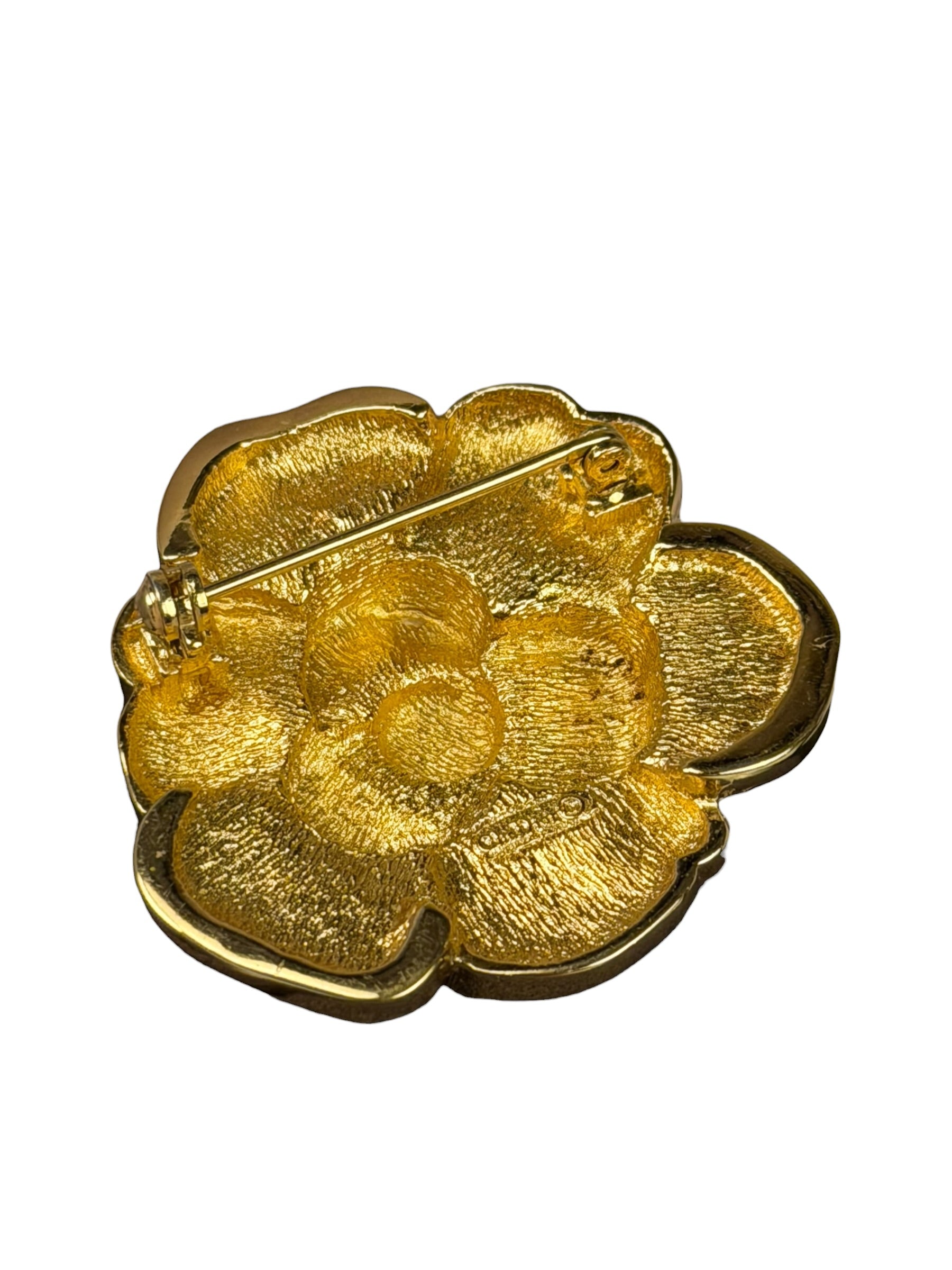 Christian Dior Signature Camellia Flower Gold Plated Crystal Pave Brooch