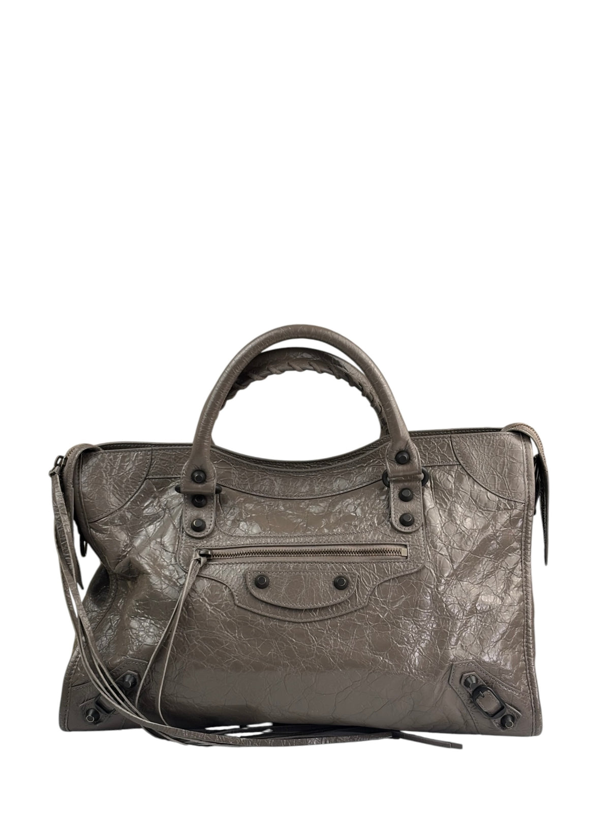 Balenciaga Stone Grey Patent Leather Moto Work Two-Way Bag
