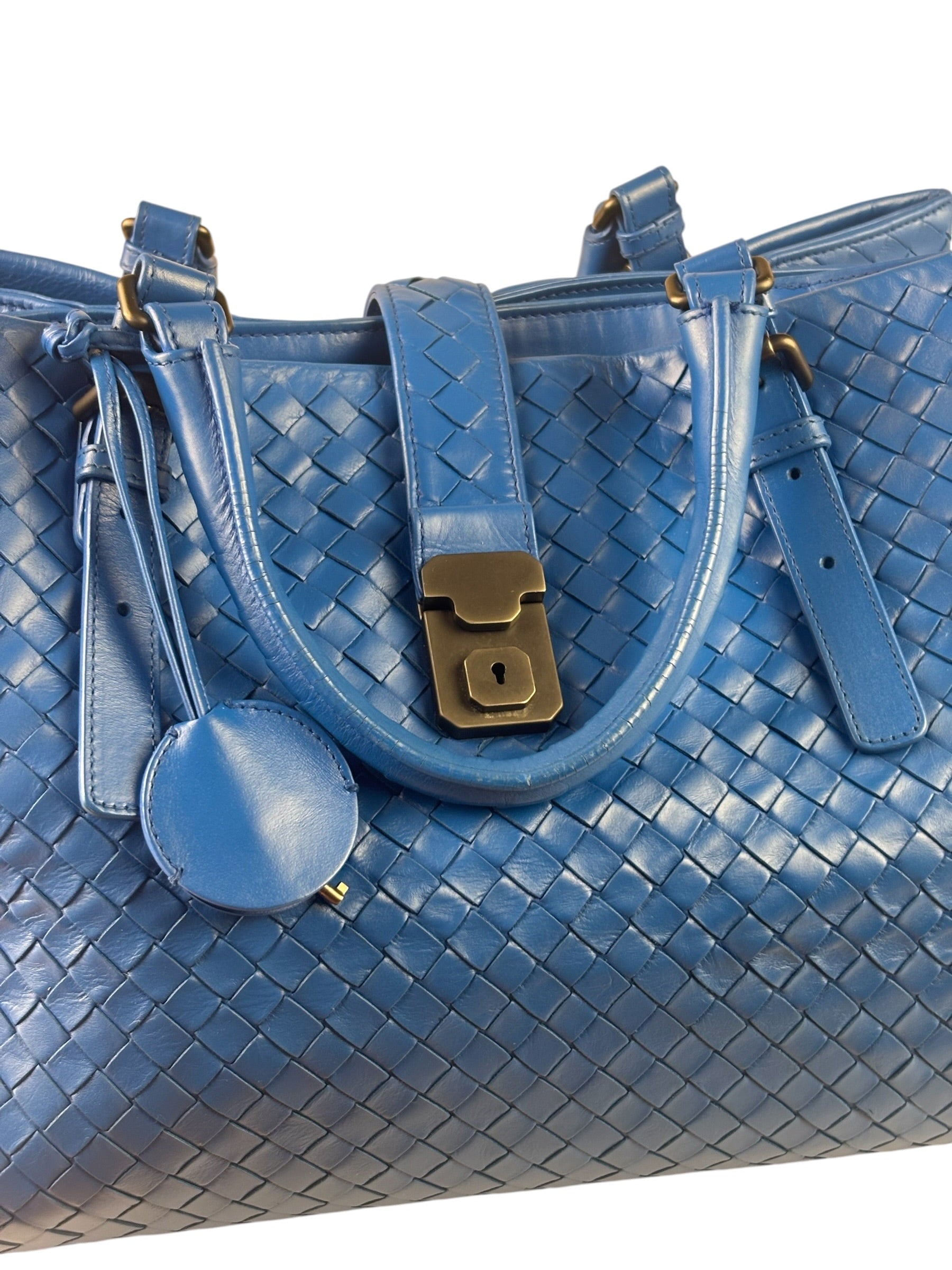Bottega Venete Blue Lambskin Intrecciato Roma Tote