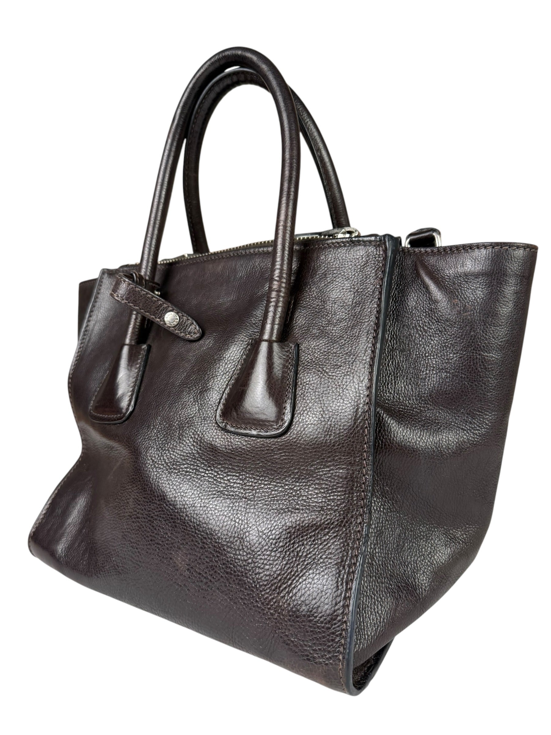 Prada Dark Brown Calf Leather Glace Twin-Pocket Tote