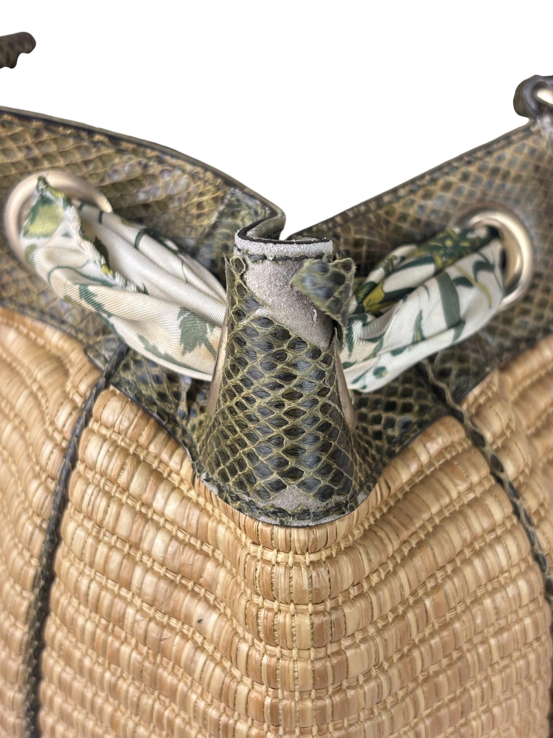 Gucci Brown Snakeskin Trim Large Raffia Positano Tote