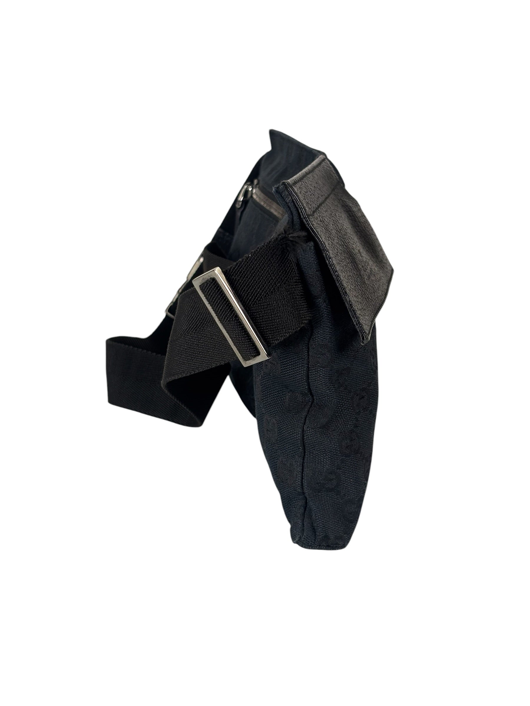 Gucci Black Leather Trim GG Double Pocket Bel Bag