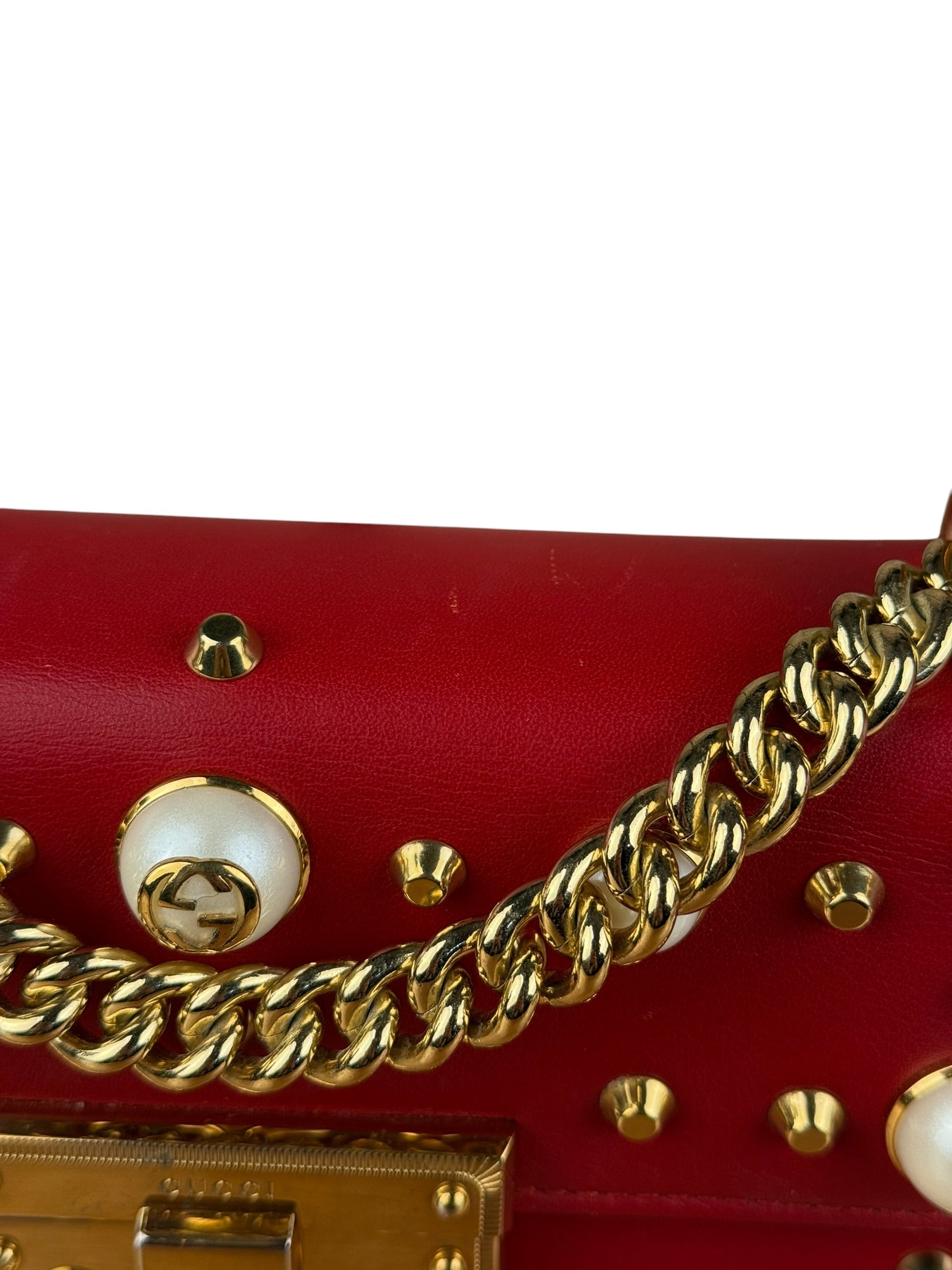 Gucci Red Leather Pearl Studded Padlock Shoulder Bag