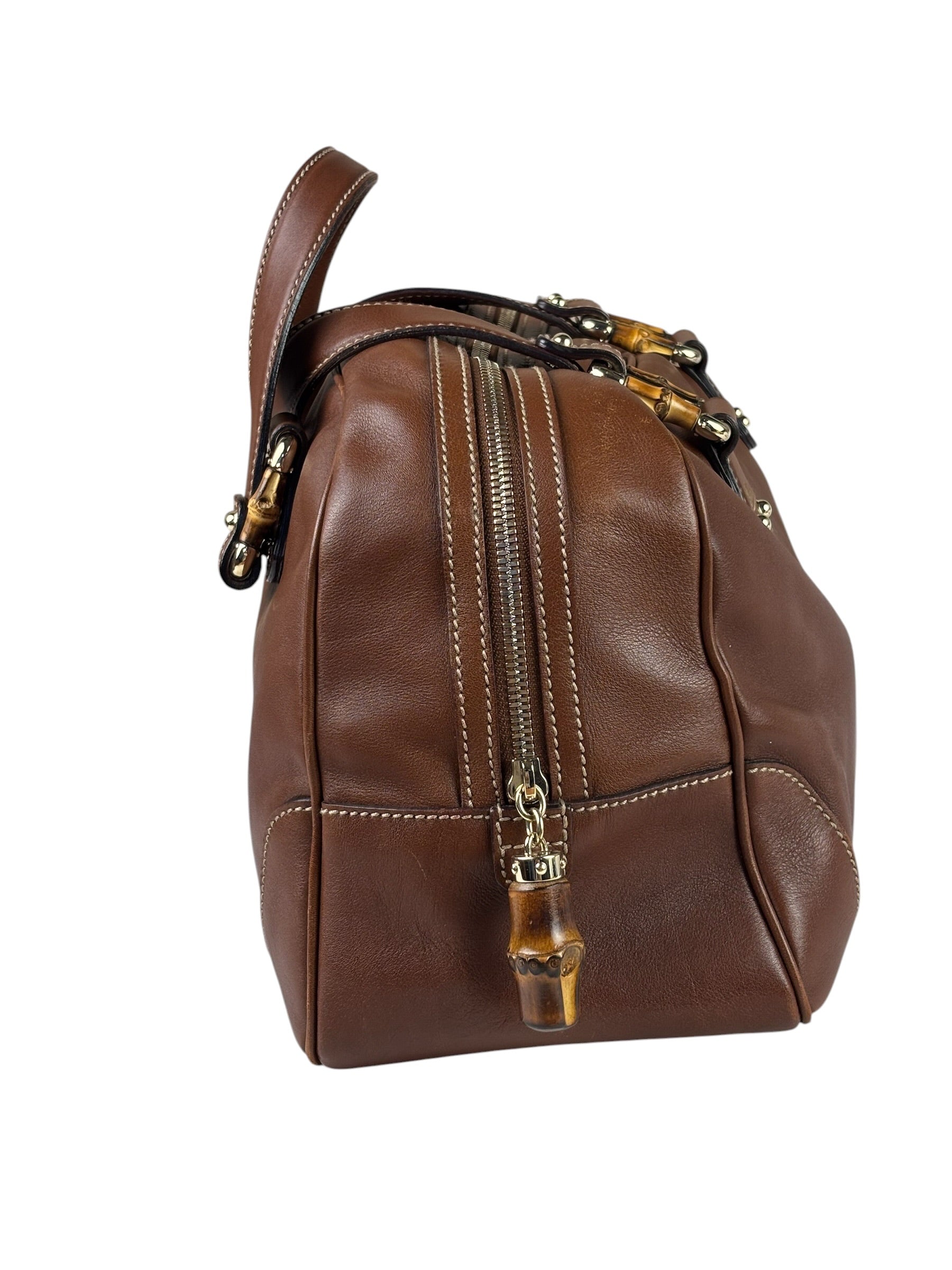 Gucci Tan Brown Leather Bamboo Handle Boston Bag