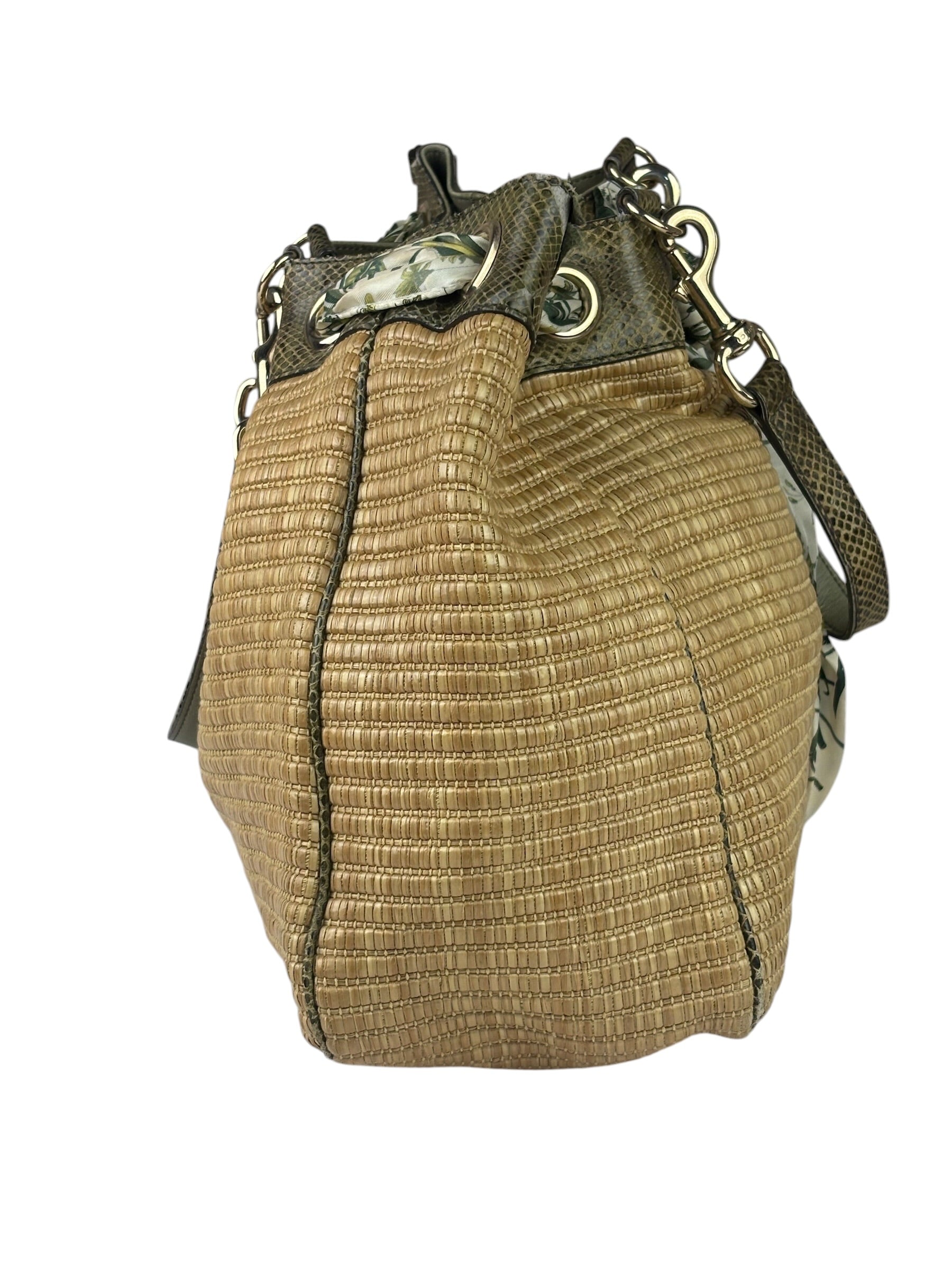 Gucci Brown Snakeskin Trim Large Raffia Positano Tote