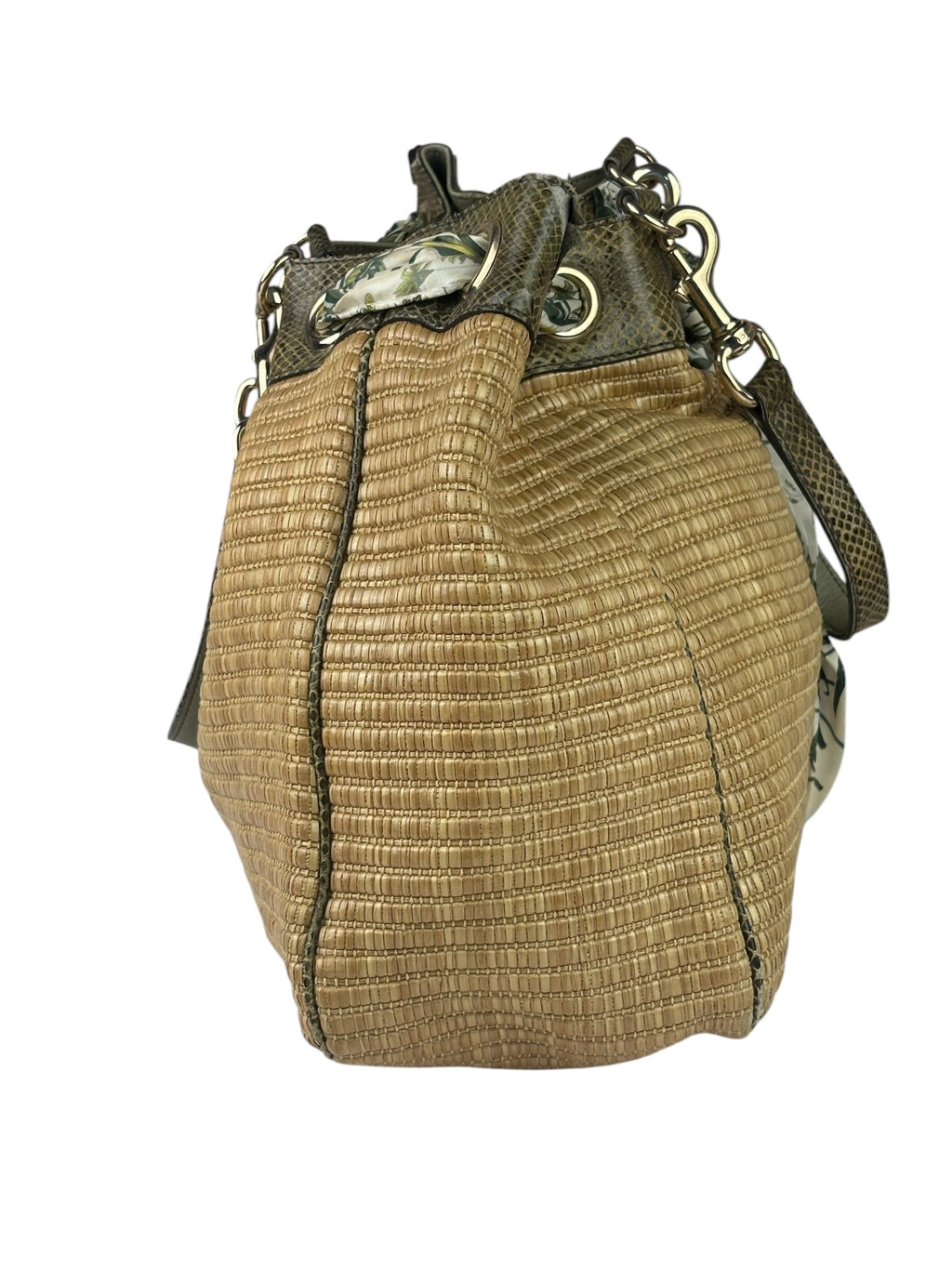 Gucci Brown Snakeskin Trim Large Raffia Positano Tote