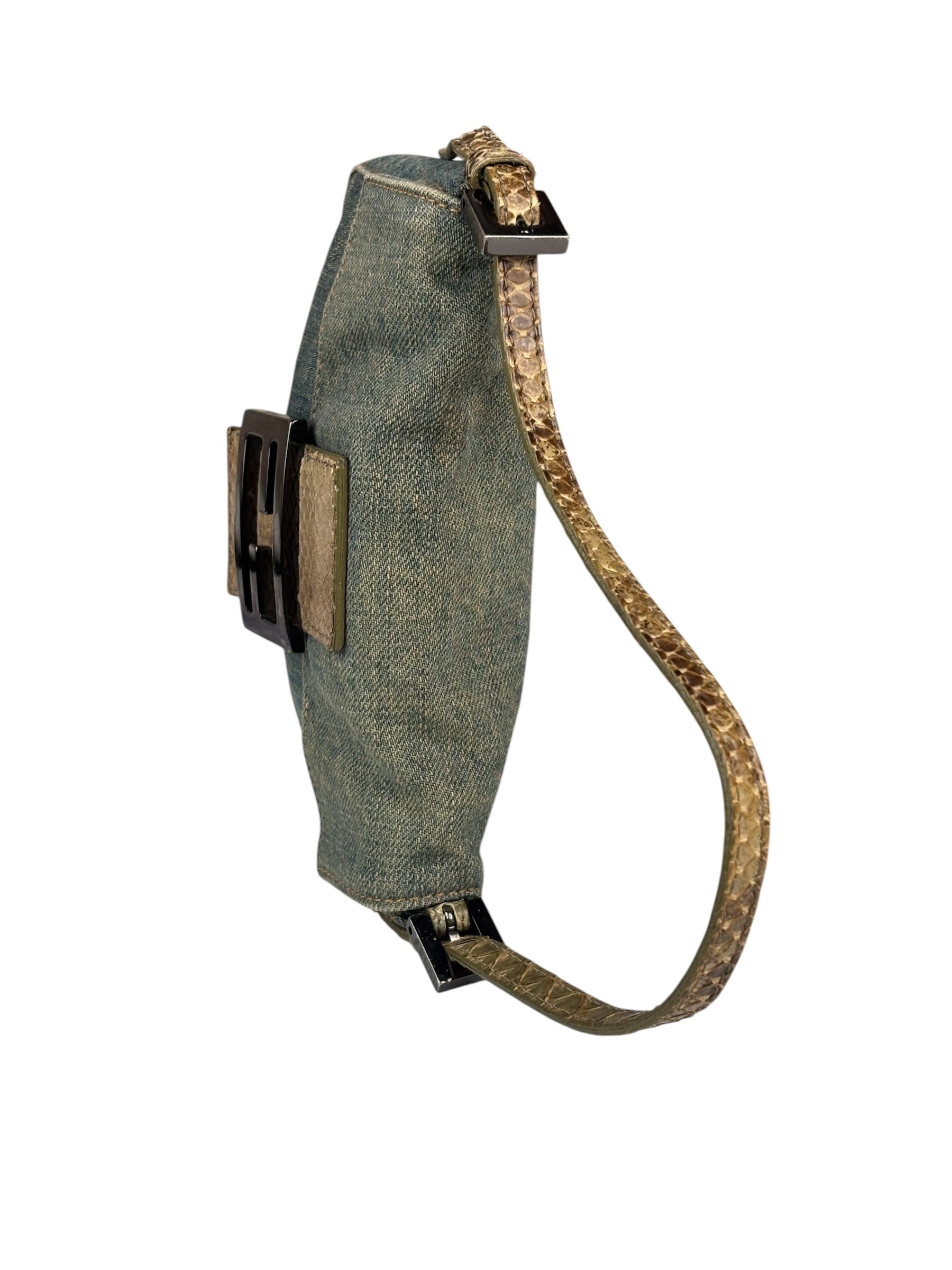 Fendi Denim/Snakeskin Trim Mini Baguette