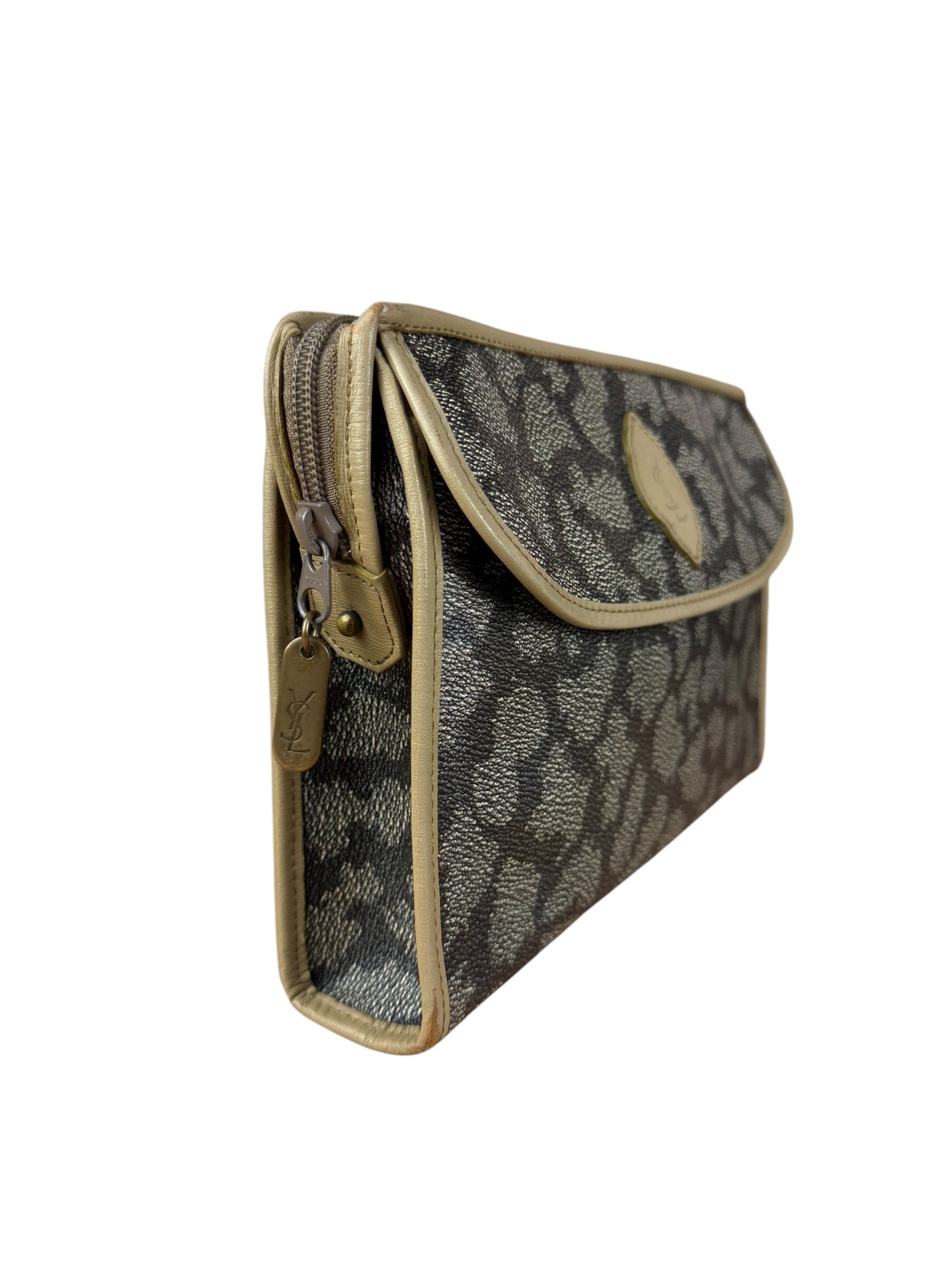 Yves Saint Lauren Vintage Gray Giraffe Printed Leather Clutch