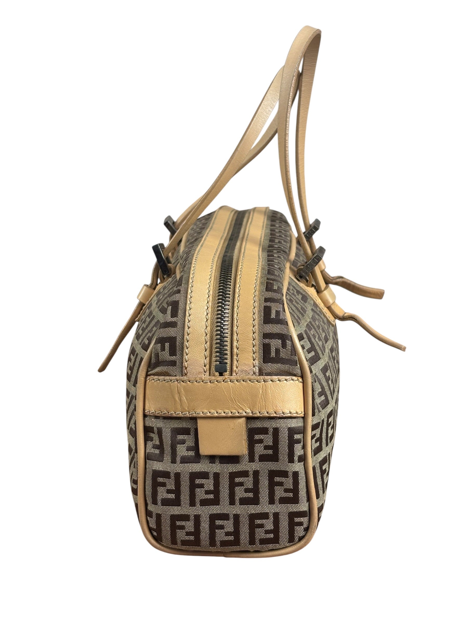 Fendi Beige Leather Trim Zucca Small Boston Bag