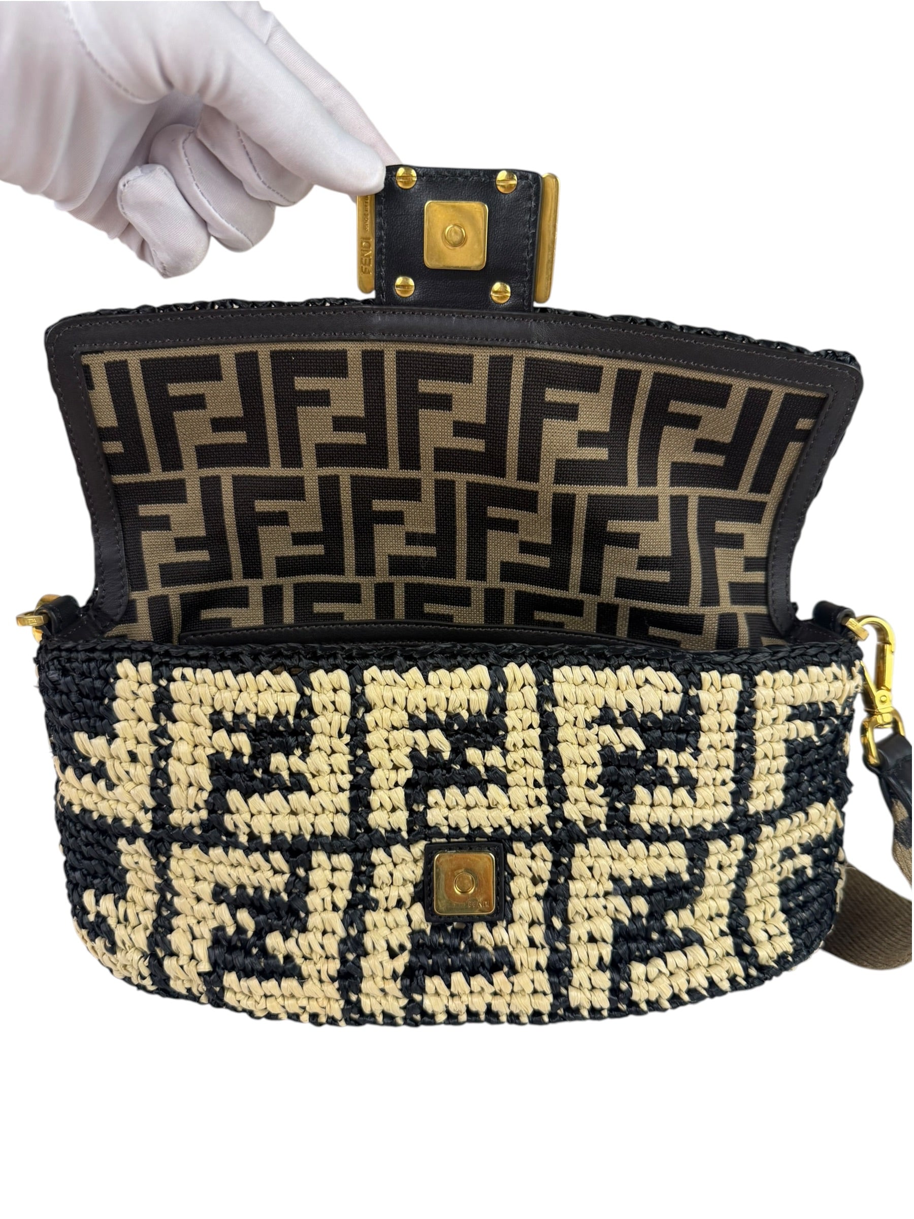 Fendi Black Raffia Zucca Shoulder Baguette