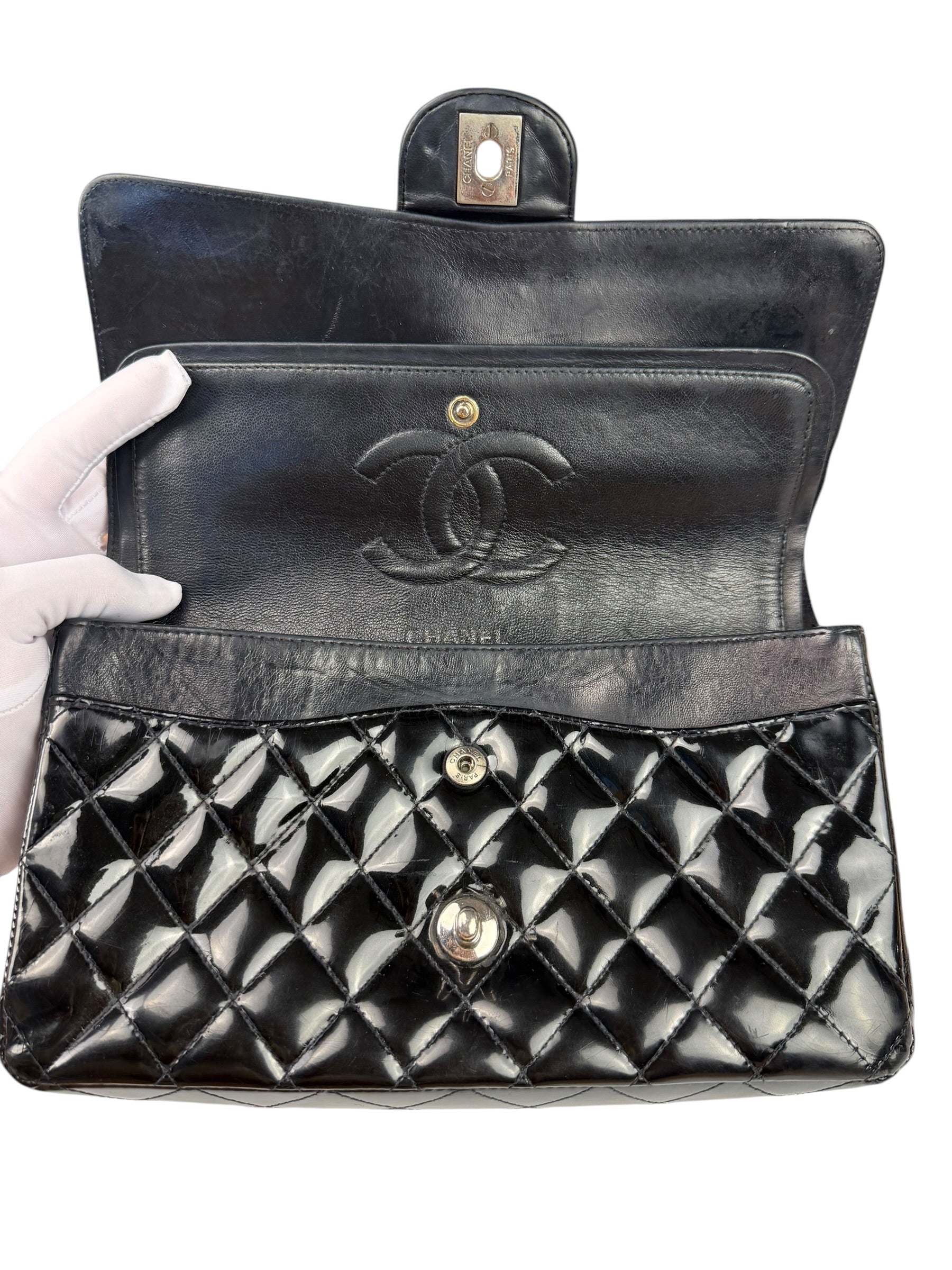 Chanel Black Patent Quilted Leather Double Flap Bag