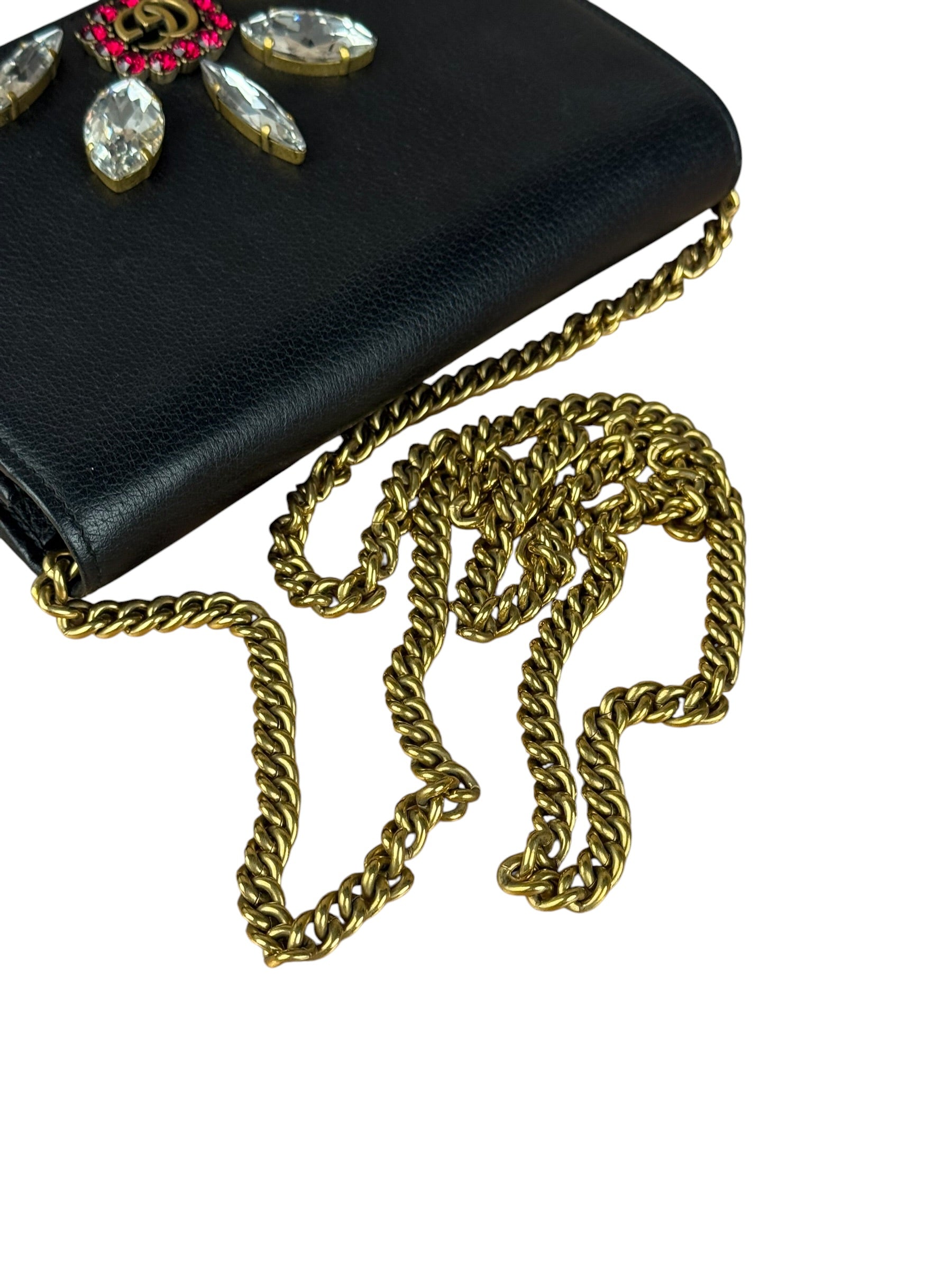 Gucci GG Crystal Embellished Black Leather Wallet on Chain Bag