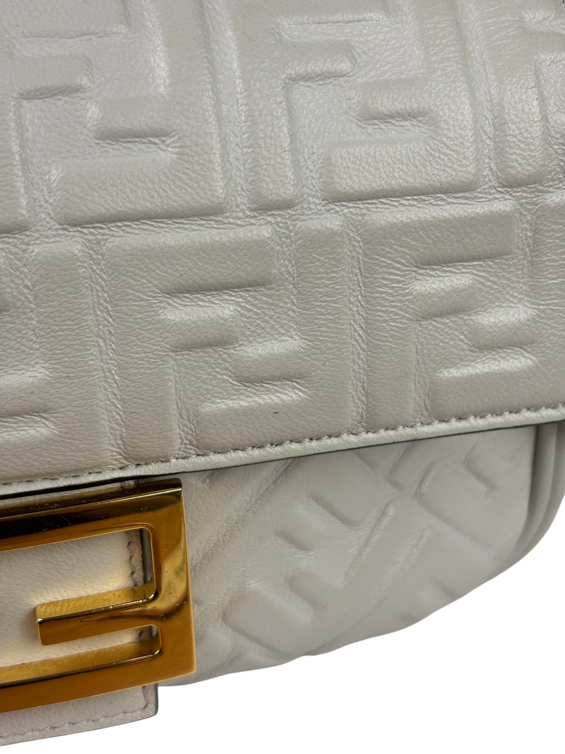 Fendi White Leather FF Flap Baguette