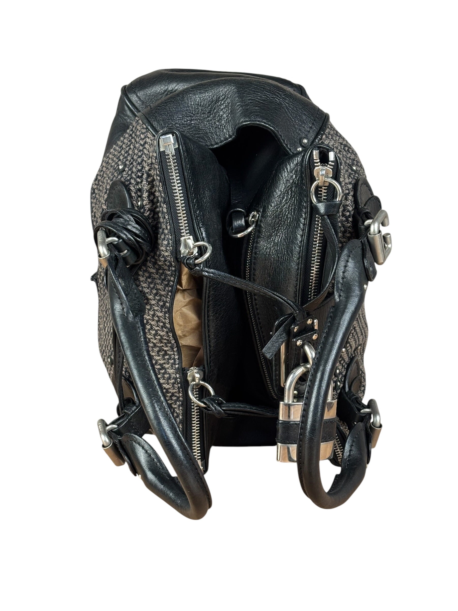 Chloe Black Tweed Leather Paddington Shoulder Bag