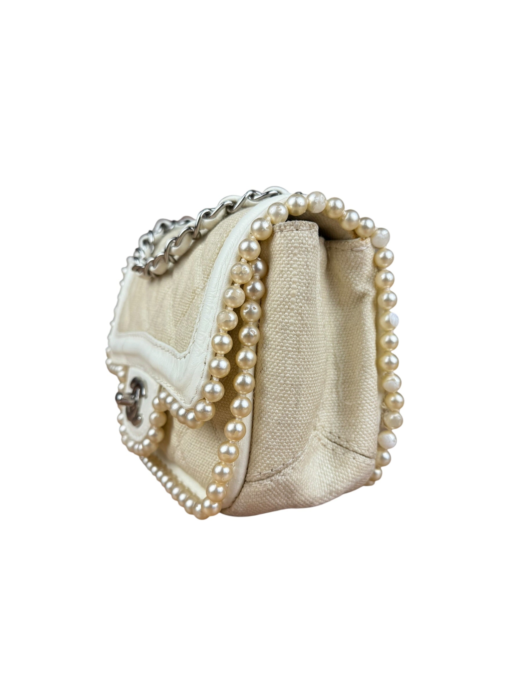 Chanel White Leather/Canvas Pearl Crossbody Flap 2003