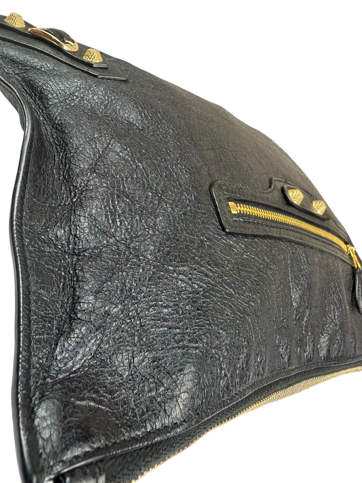 Balenciaga Black Lambskin Motocross Giant 12 Zip Around Flap Clutch