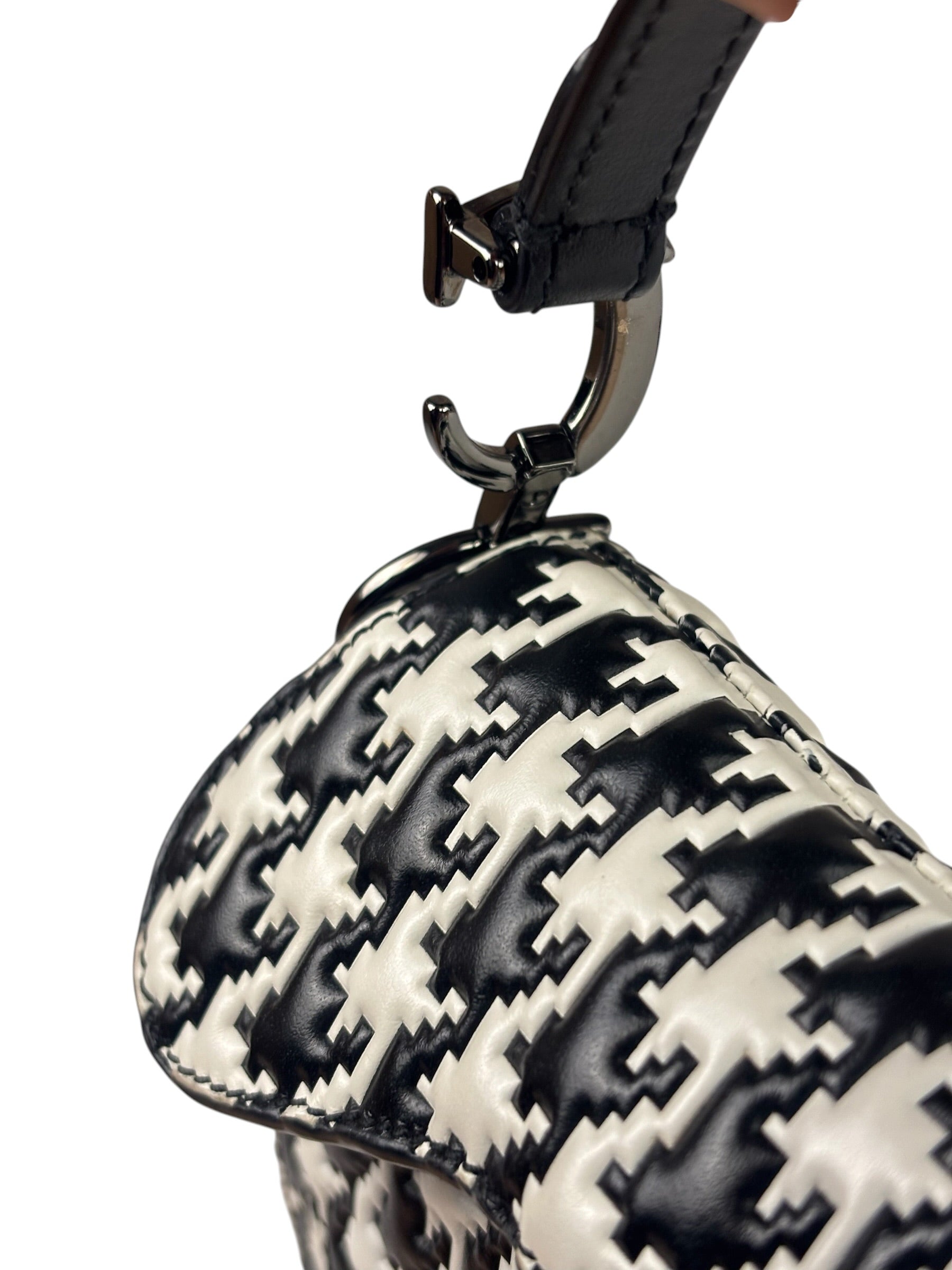 Christian Dior White/Black Leather Houndstooth Micro Saddle Bag