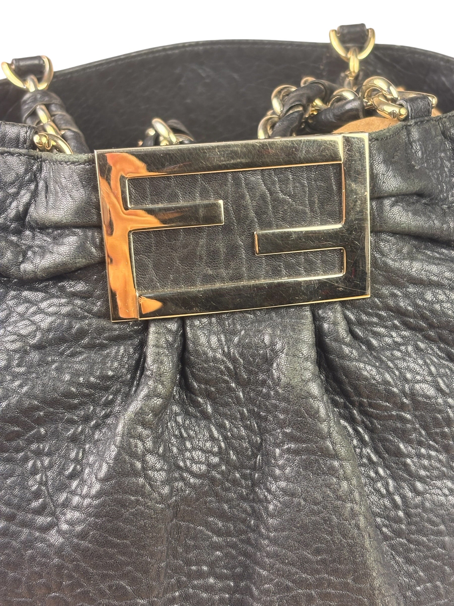 Fendi Vintage Black Leather Mia Chain Tote