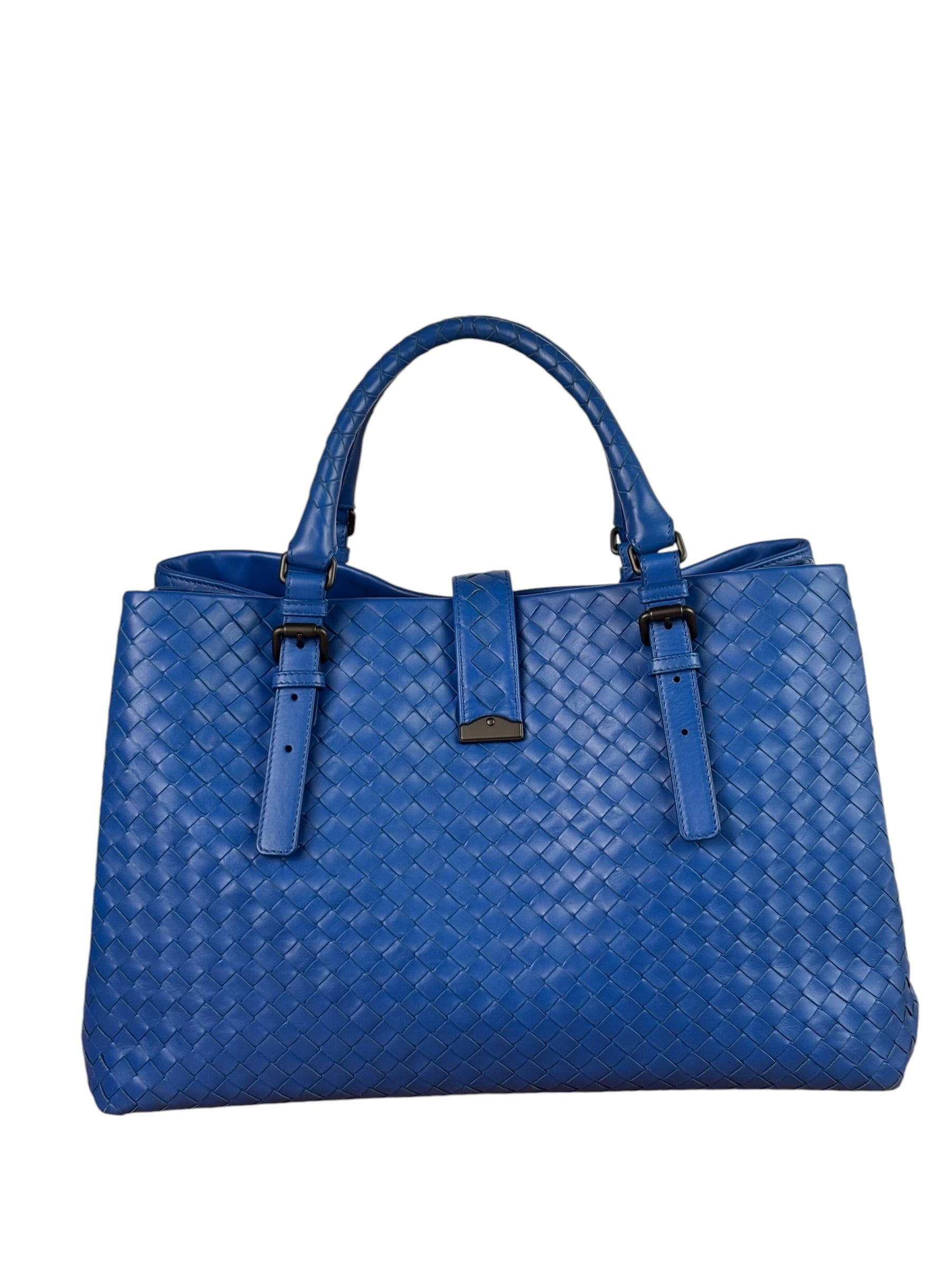 Bottega Veneta Blue Leather Small Nappa Intercciato Roma Satchel