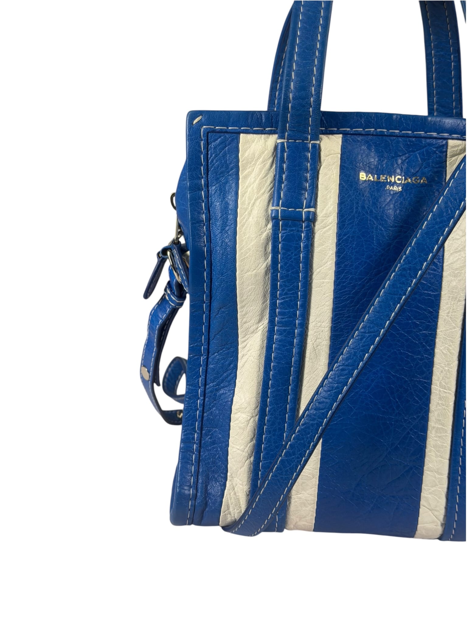 Balenciaga White/Blue Bazar Stripe Two-Way Tote Bag